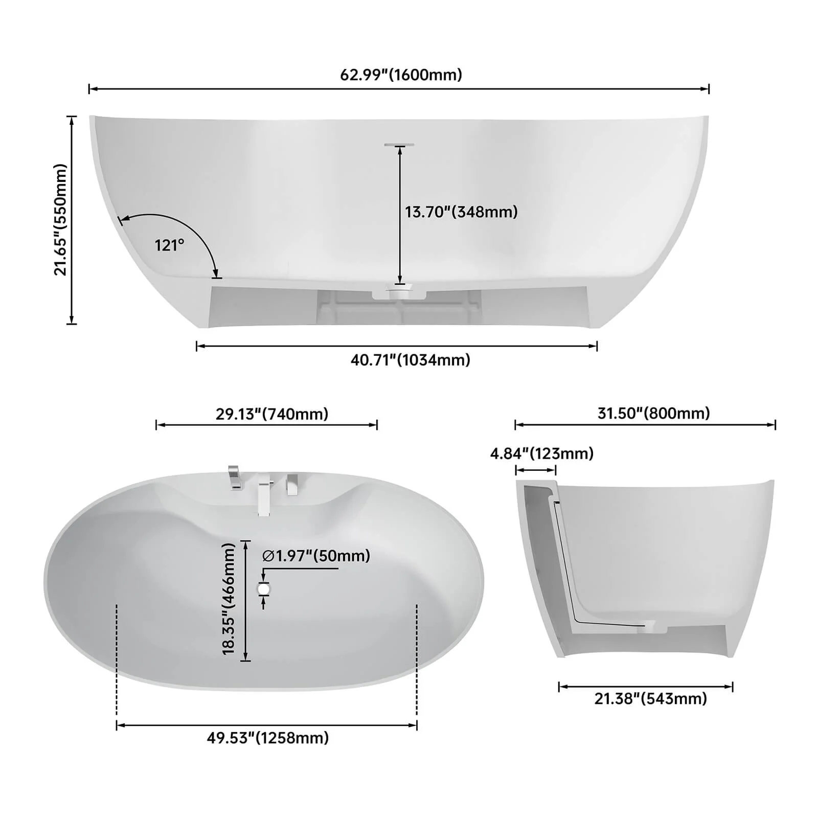 63" Freestanding Bathtub with Deck-Mounted - Free Faucet & Hand Shower Included - Image 11