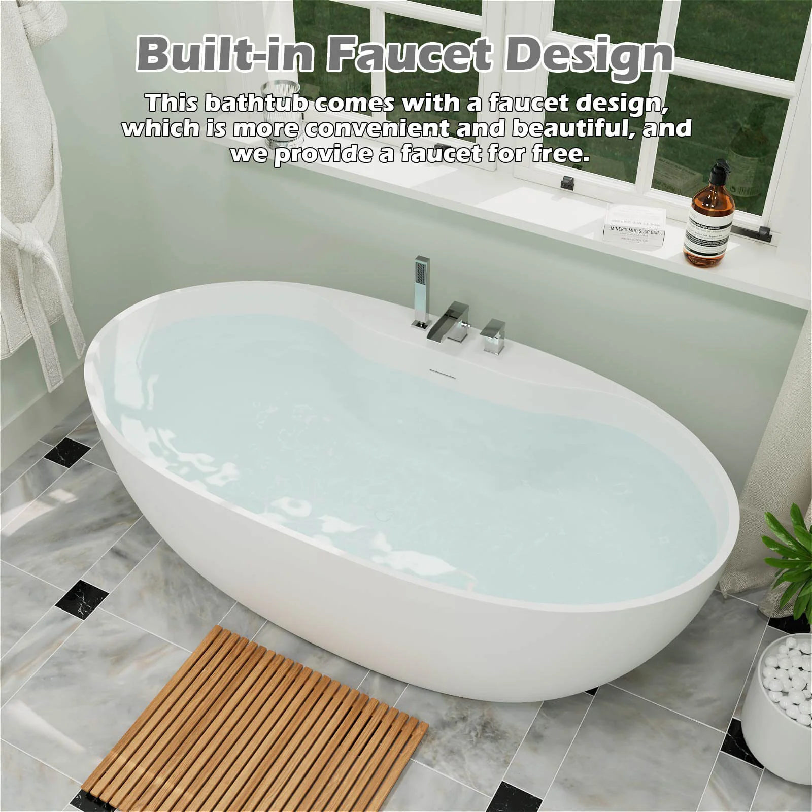 63" Freestanding Bathtub with Deck-Mounted - Free Faucet & Hand Shower Included - Image 6
