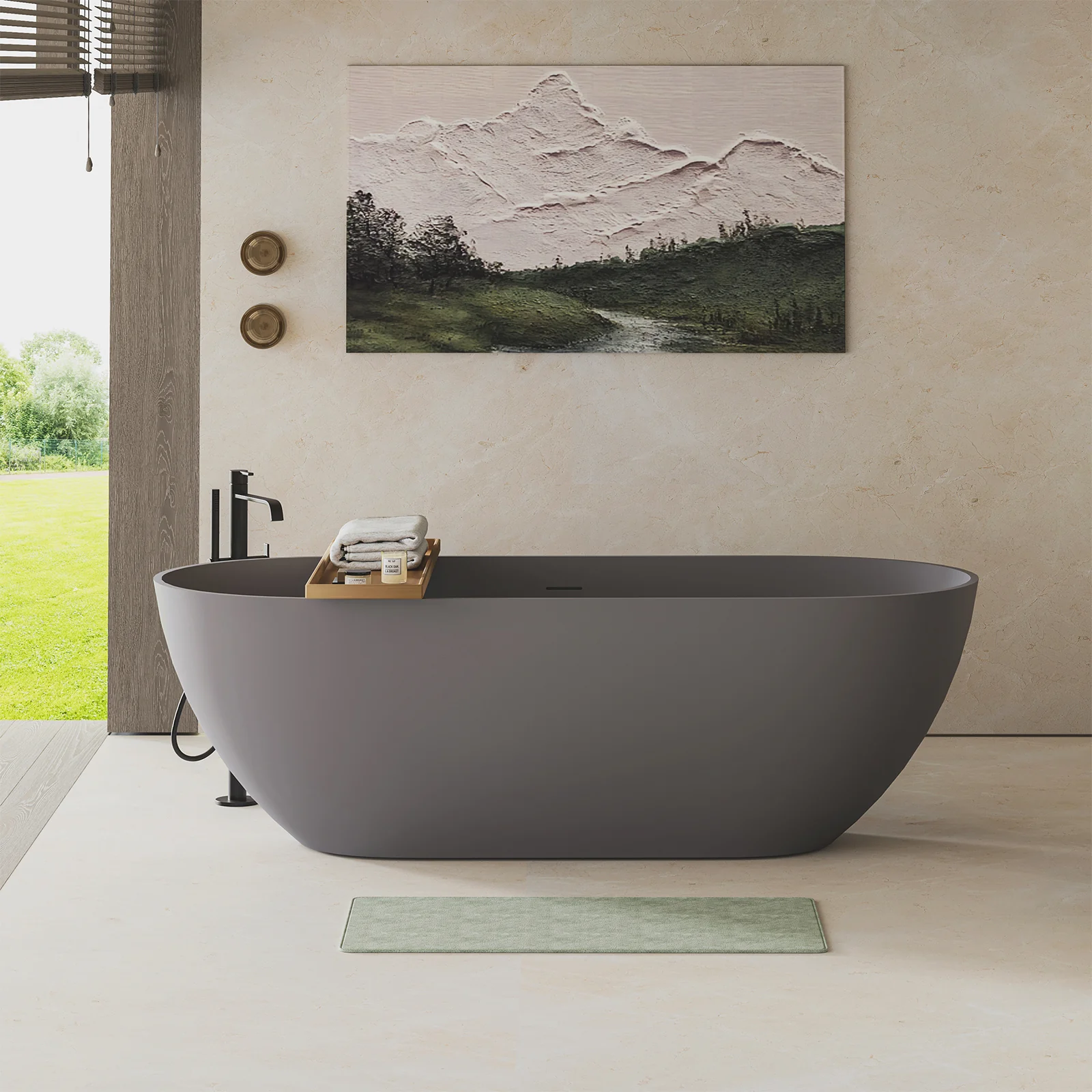 63" Smooth Design Matte Gray Engineered Stone Bathtub
