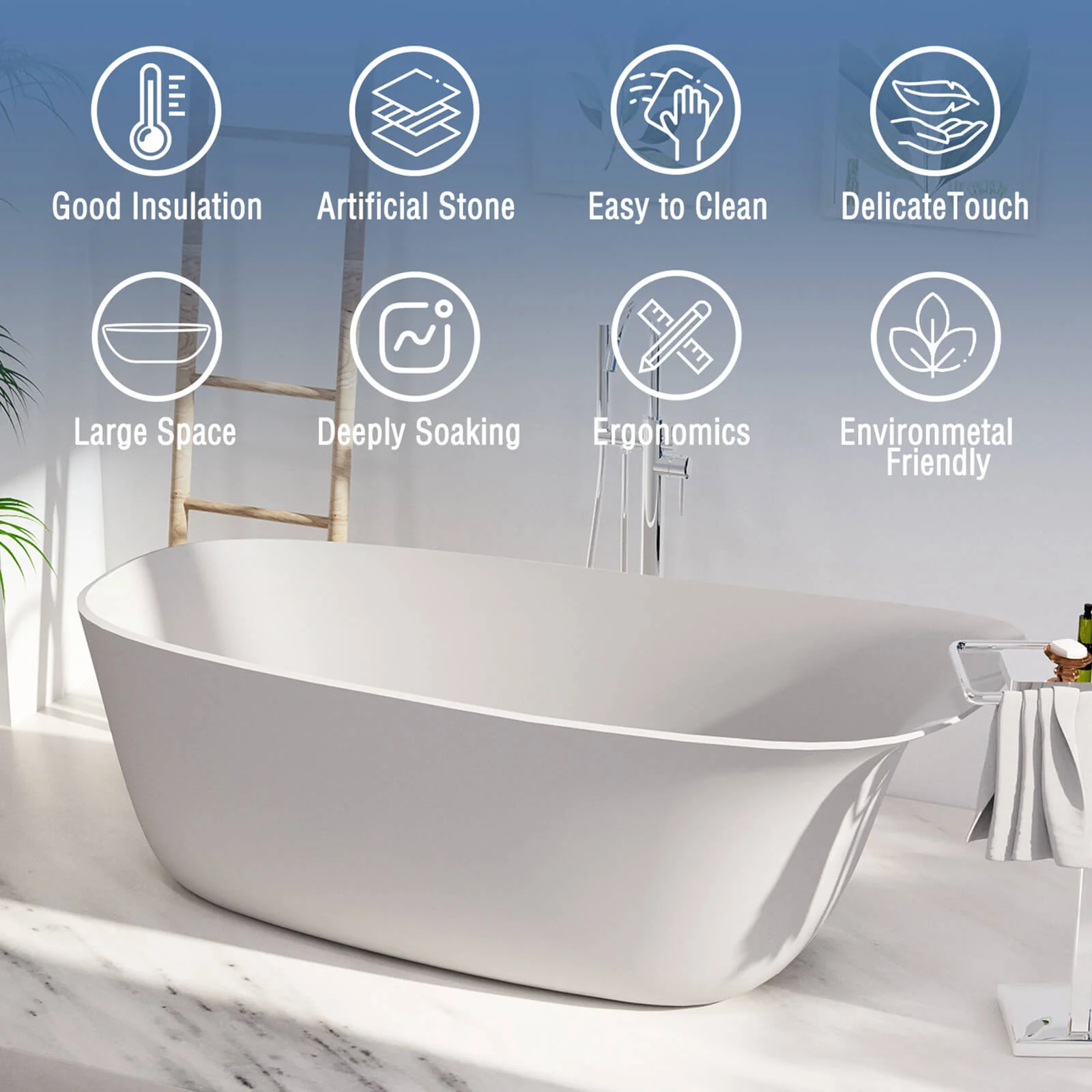 63" Solid Surface Ergonomic Freestanding Slipper Bathtub - Image 10
