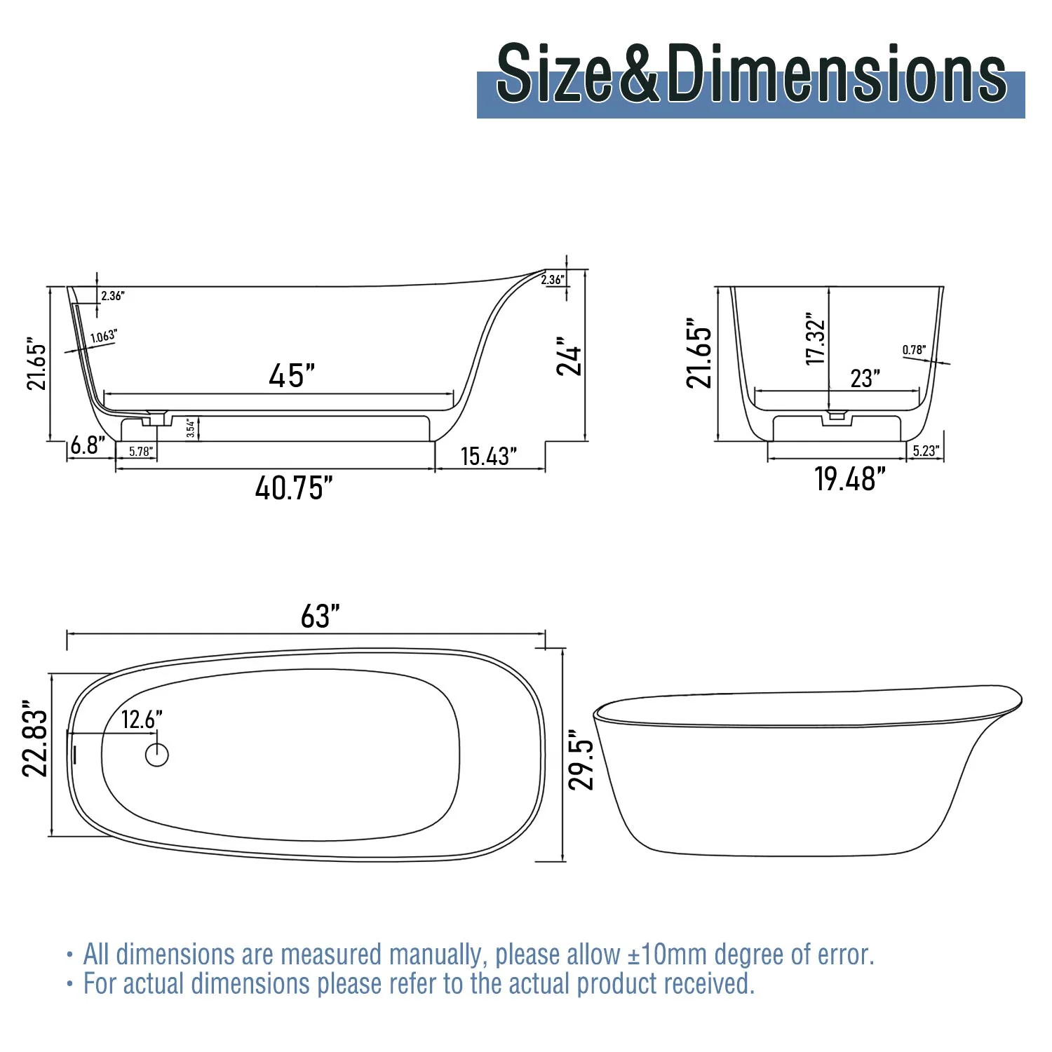 63" Solid Surface Ergonomic Freestanding Slipper Bathtub - Image 12
