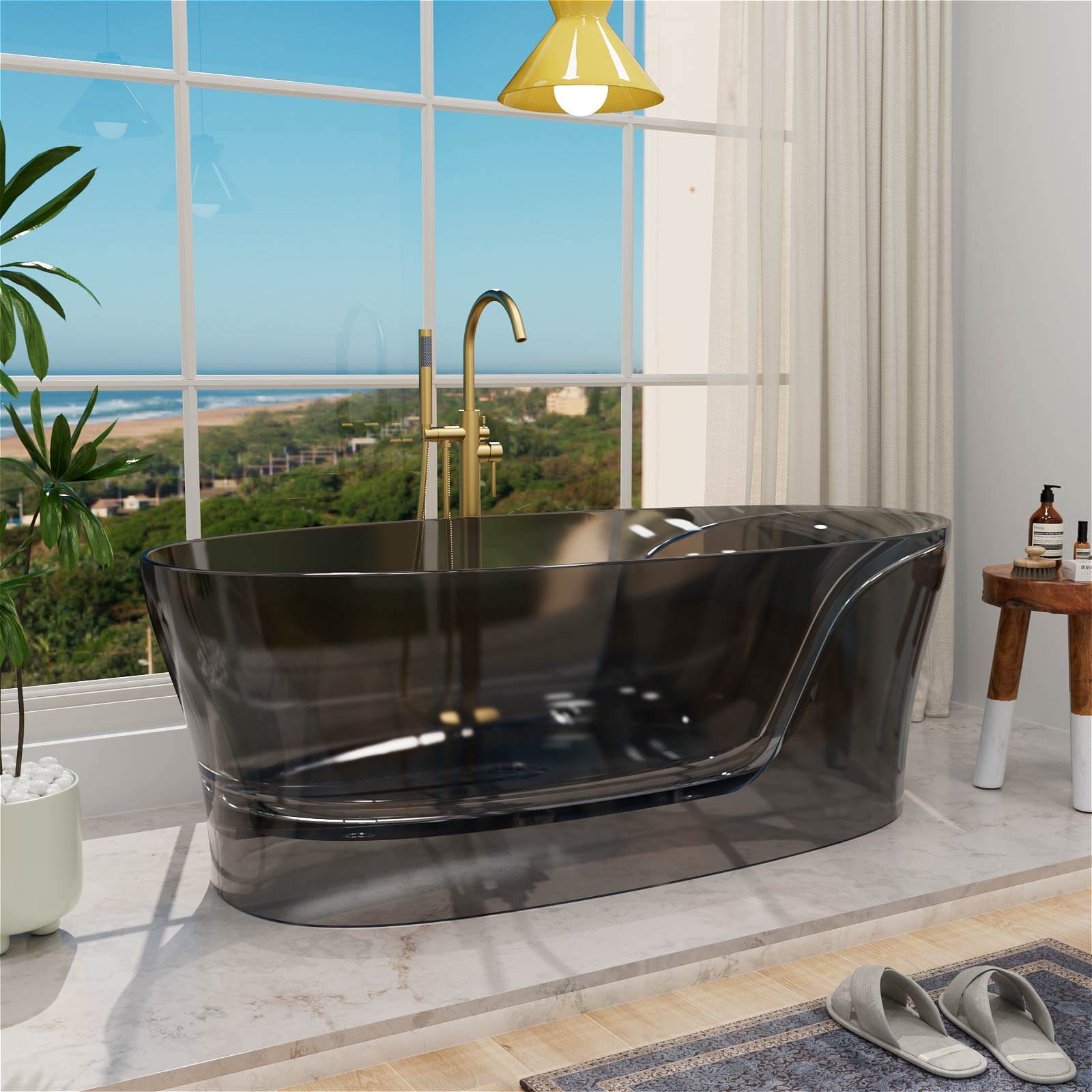 63" Transparent Gray Resin Soaking Tub with Built-In Backrest - Image 3