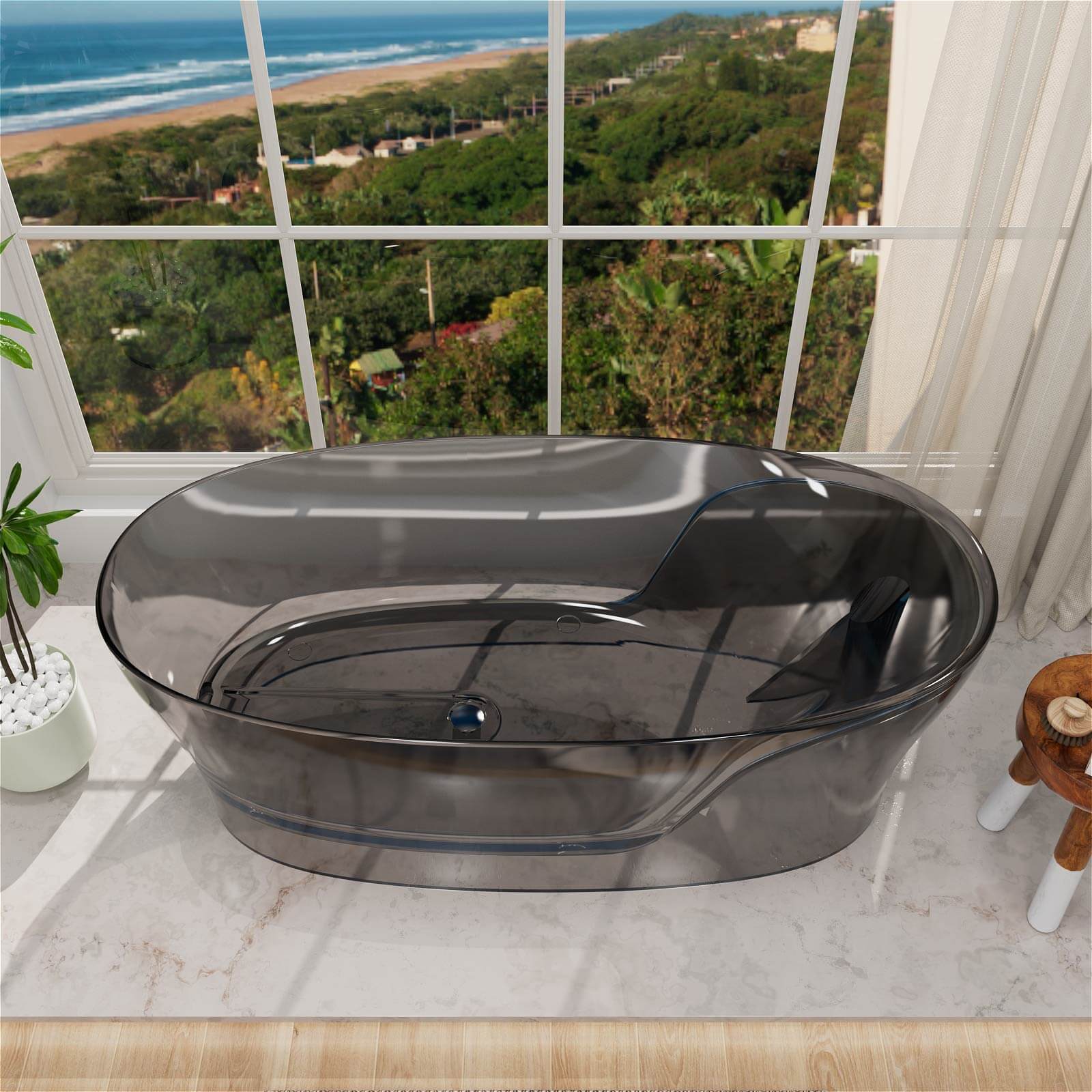 63" Transparent Gray Resin Soaking Tub with Built-In Backrest - Image 4