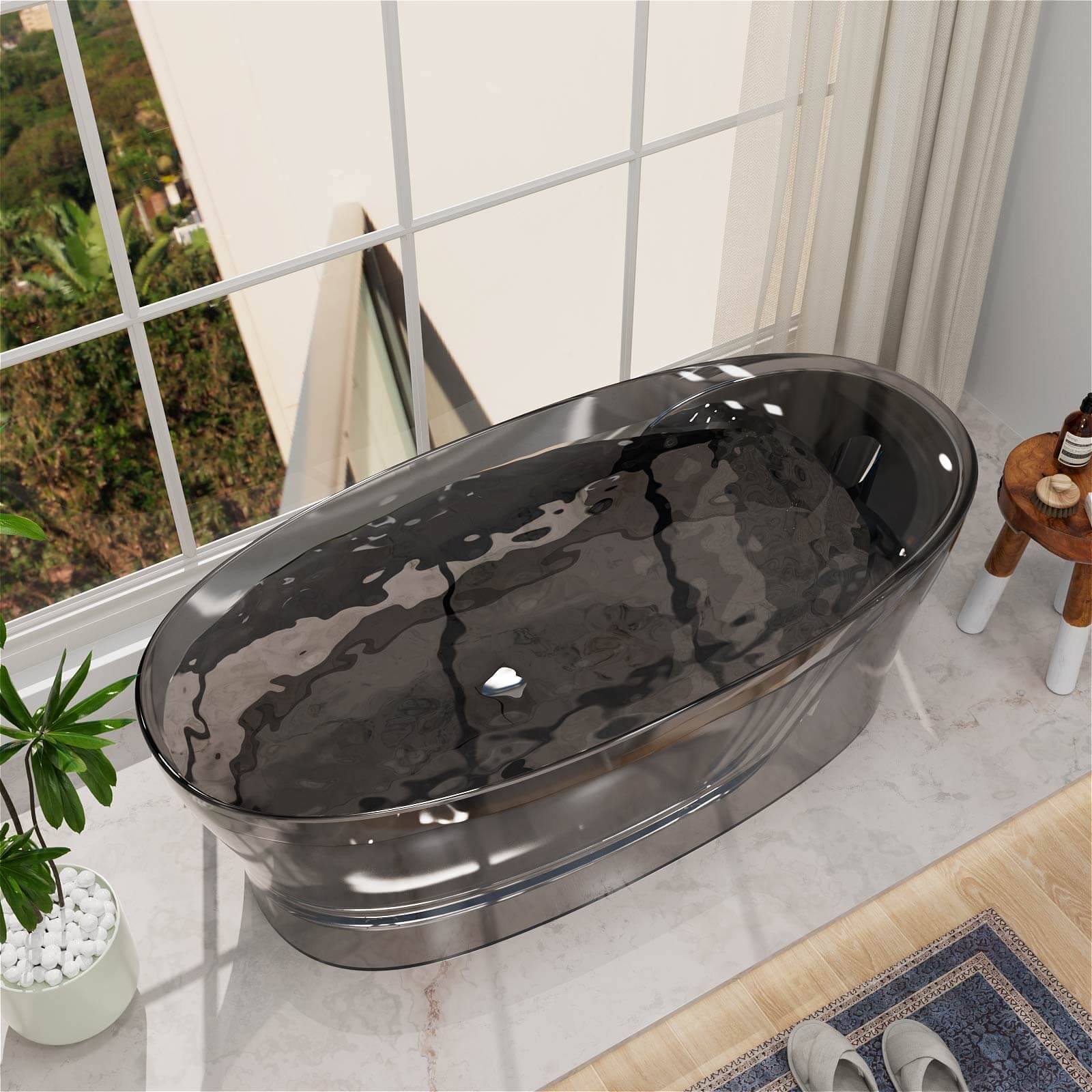 63" Transparent Gray Resin Soaking Tub with Built-In Backrest - Image 5