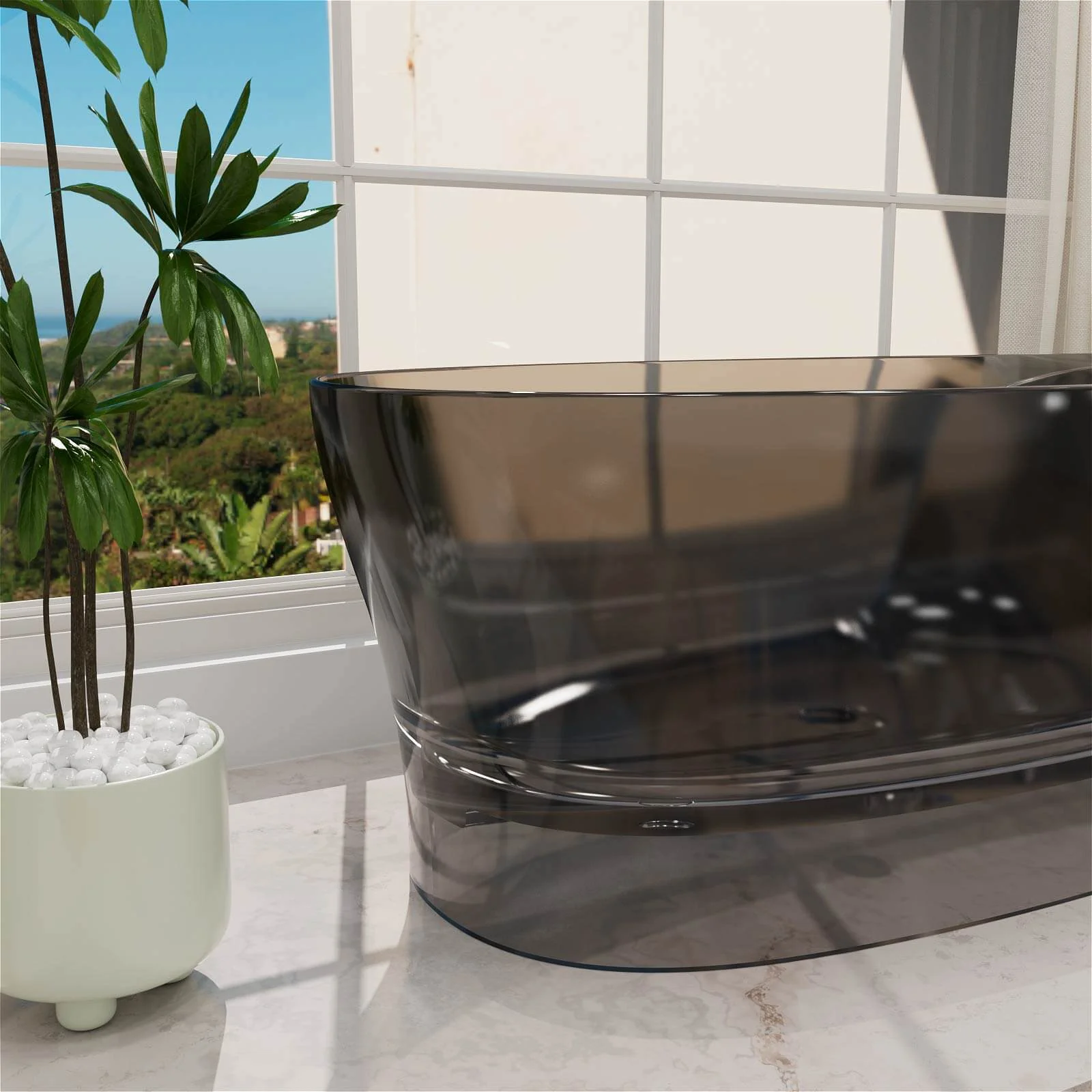 63" Transparent Gray Resin Soaking Tub with Built-In Backrest - Image 7