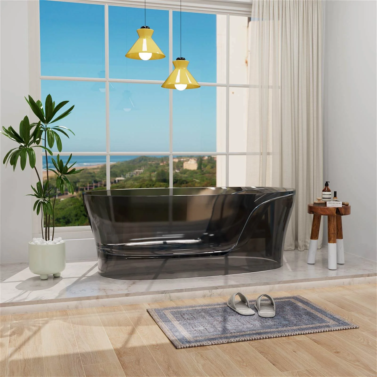 63" Transparent Gray Resin Soaking Tub with Built-In Backrest - Image 8