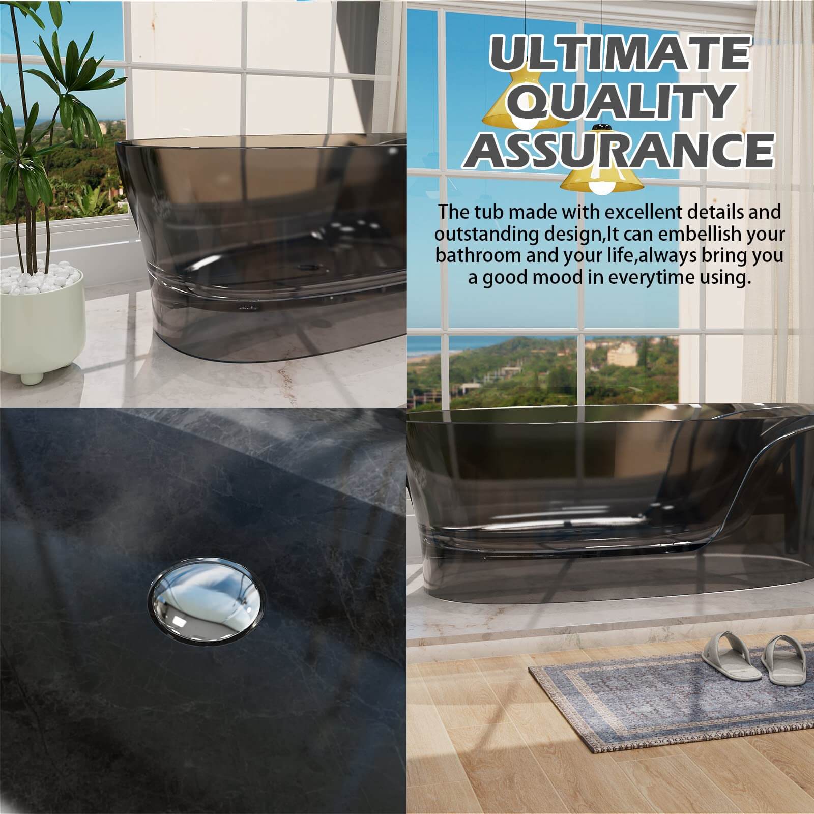 63" Transparent Gray Resin Soaking Tub with Built-In Backrest - Image 9