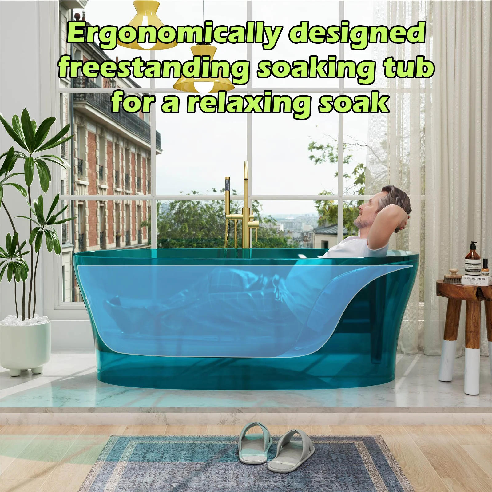 63" Transparent Teal Resin Soaking Tub with Built-In Backrest - Image 11