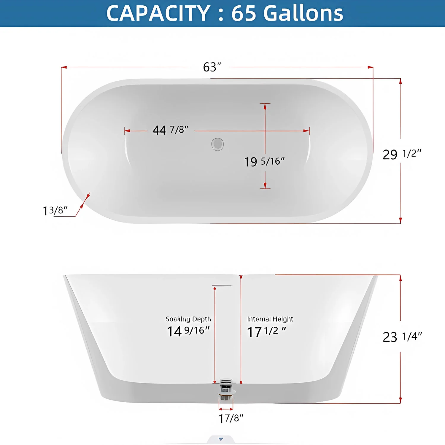 63" Glossy White Oval Freestanding Bathtub in Acrylic Material - Image 13