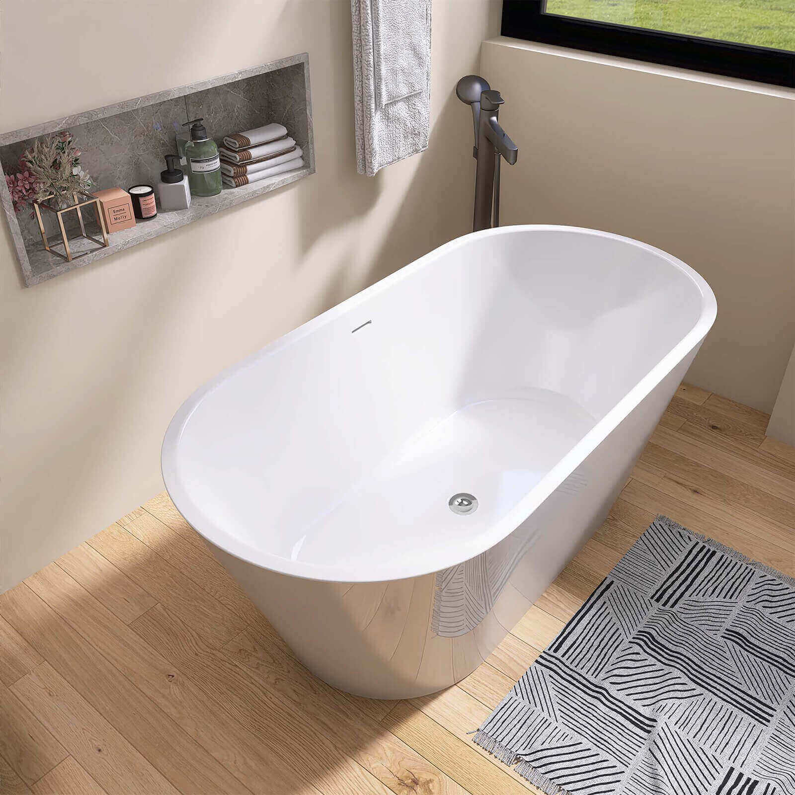 59" Glossy White Oval Freestanding Bathtub in Acrylic Material - Image 2