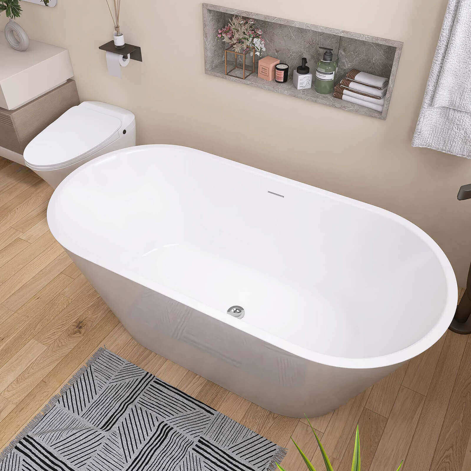 59" Glossy White Oval Freestanding Bathtub in Acrylic Material - Image 3