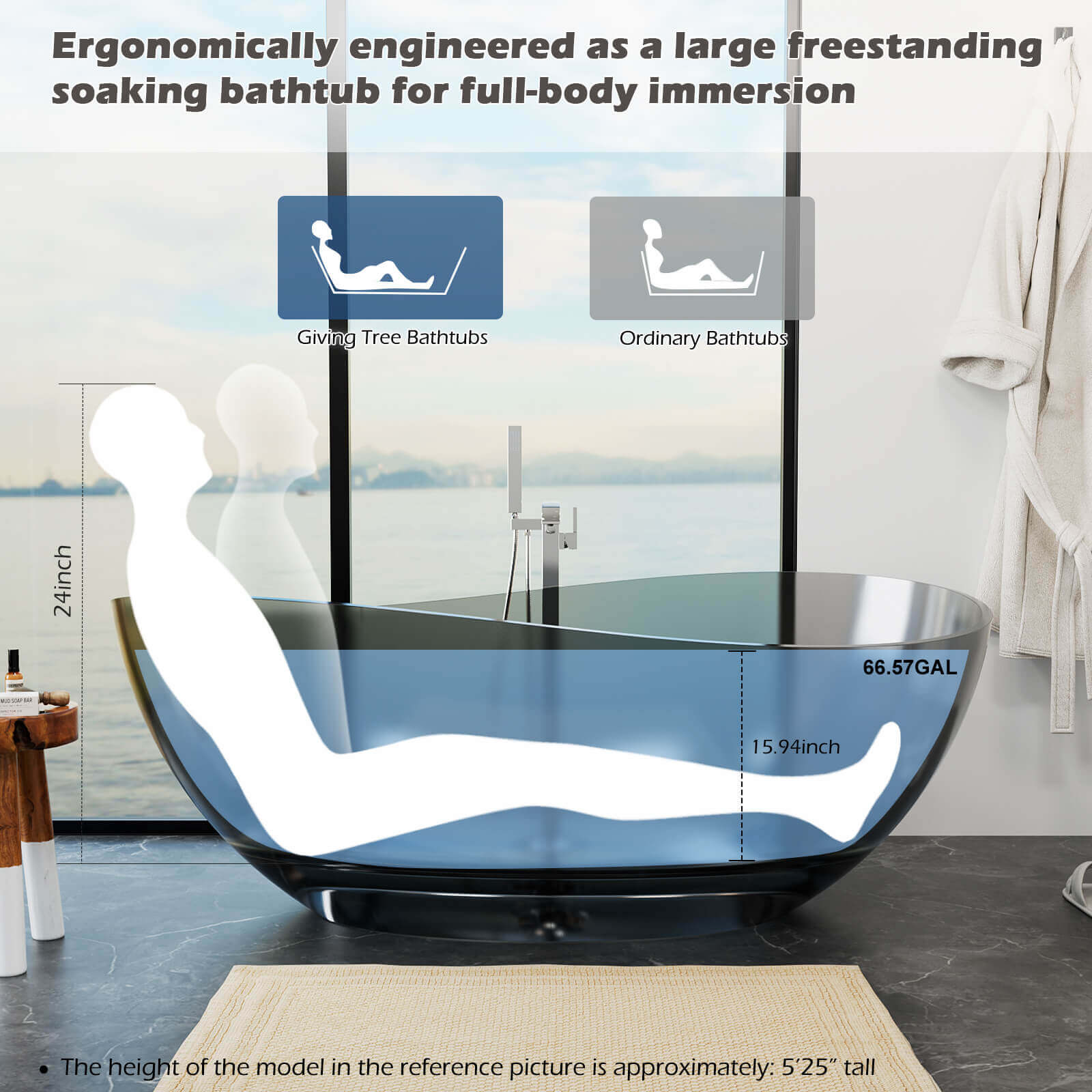 63" Freestanding Translucent Resin Bathtub, Wave Design Soaking Tub, Unique & Modern - Image 11