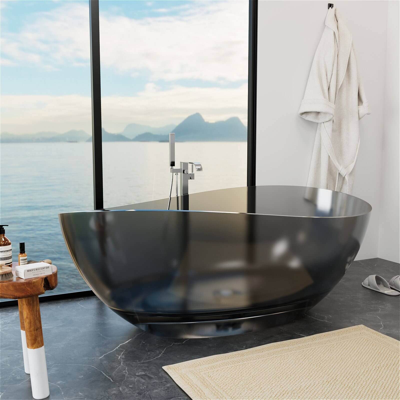 63" Freestanding Translucent Resin Bathtub, Wave Design Soaking Tub, Unique & Modern - Image 12