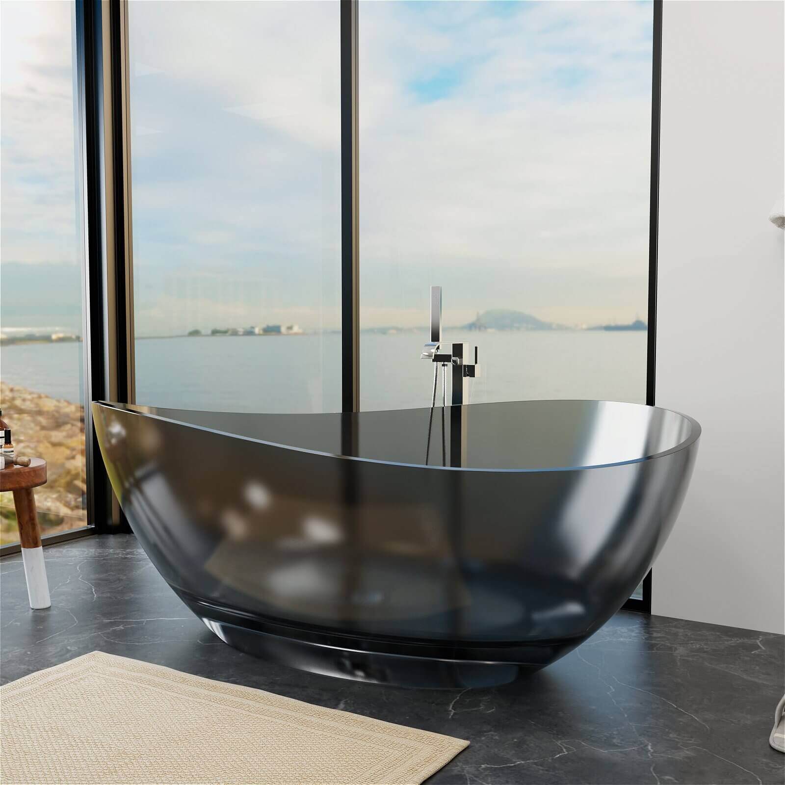 63" Freestanding Translucent Resin Bathtub, Wave Design Soaking Tub, Unique & Modern - Image 13
