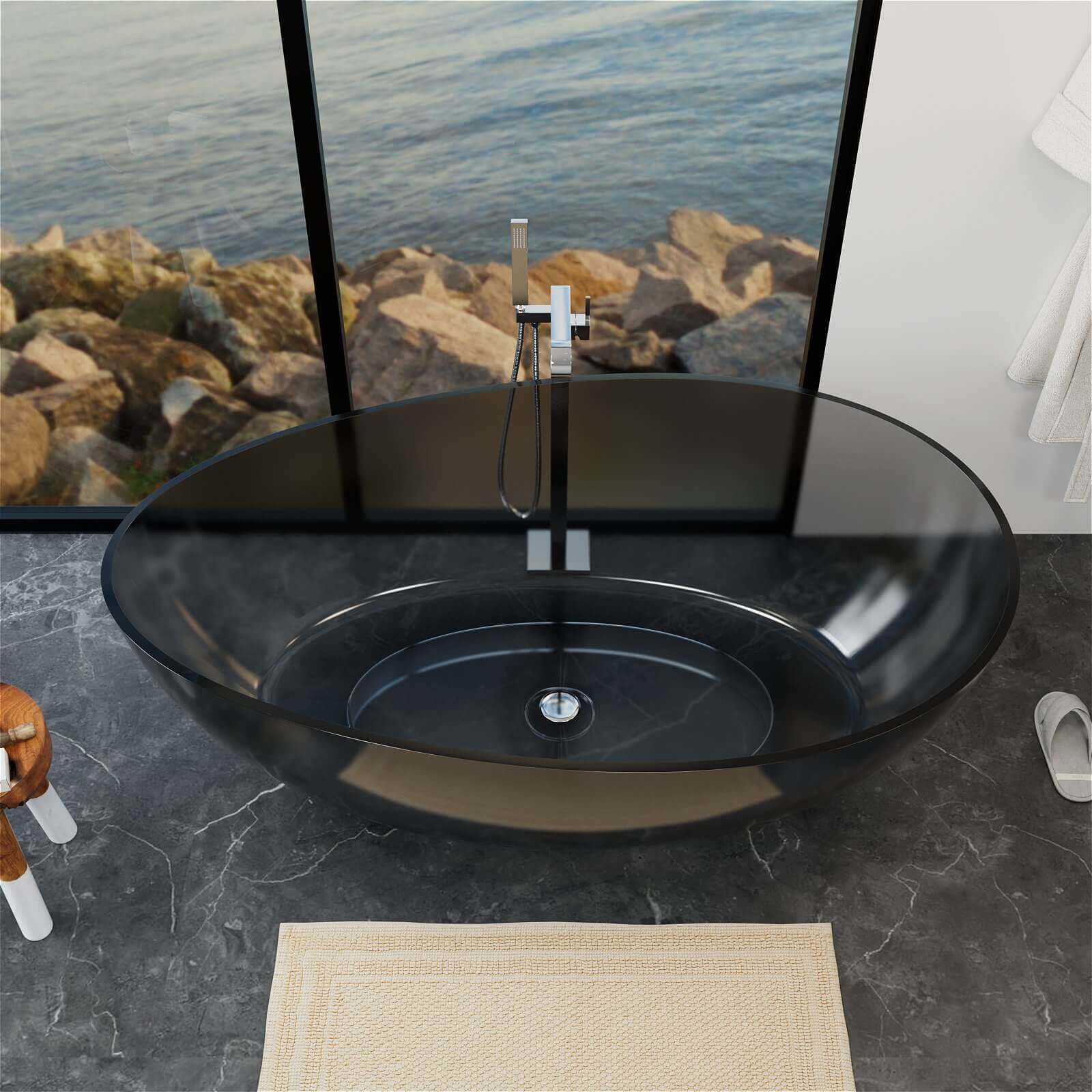 63" Freestanding Translucent Resin Bathtub, Wave Design Soaking Tub, Unique & Modern - Image 14