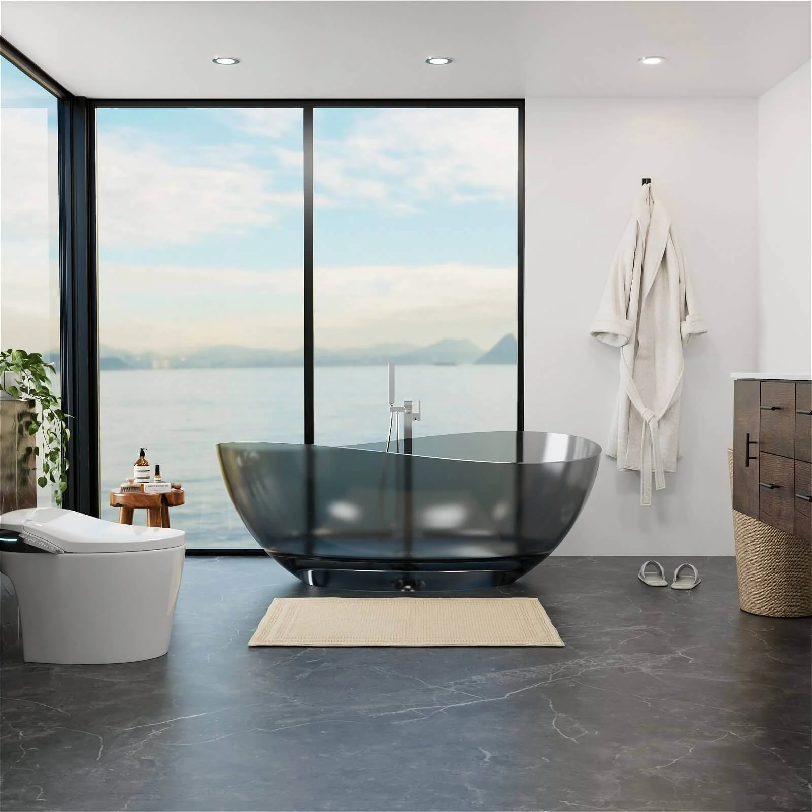 63" Freestanding Translucent Resin Bathtub, Wave Design Soaking Tub, Unique & Modern - Image 18