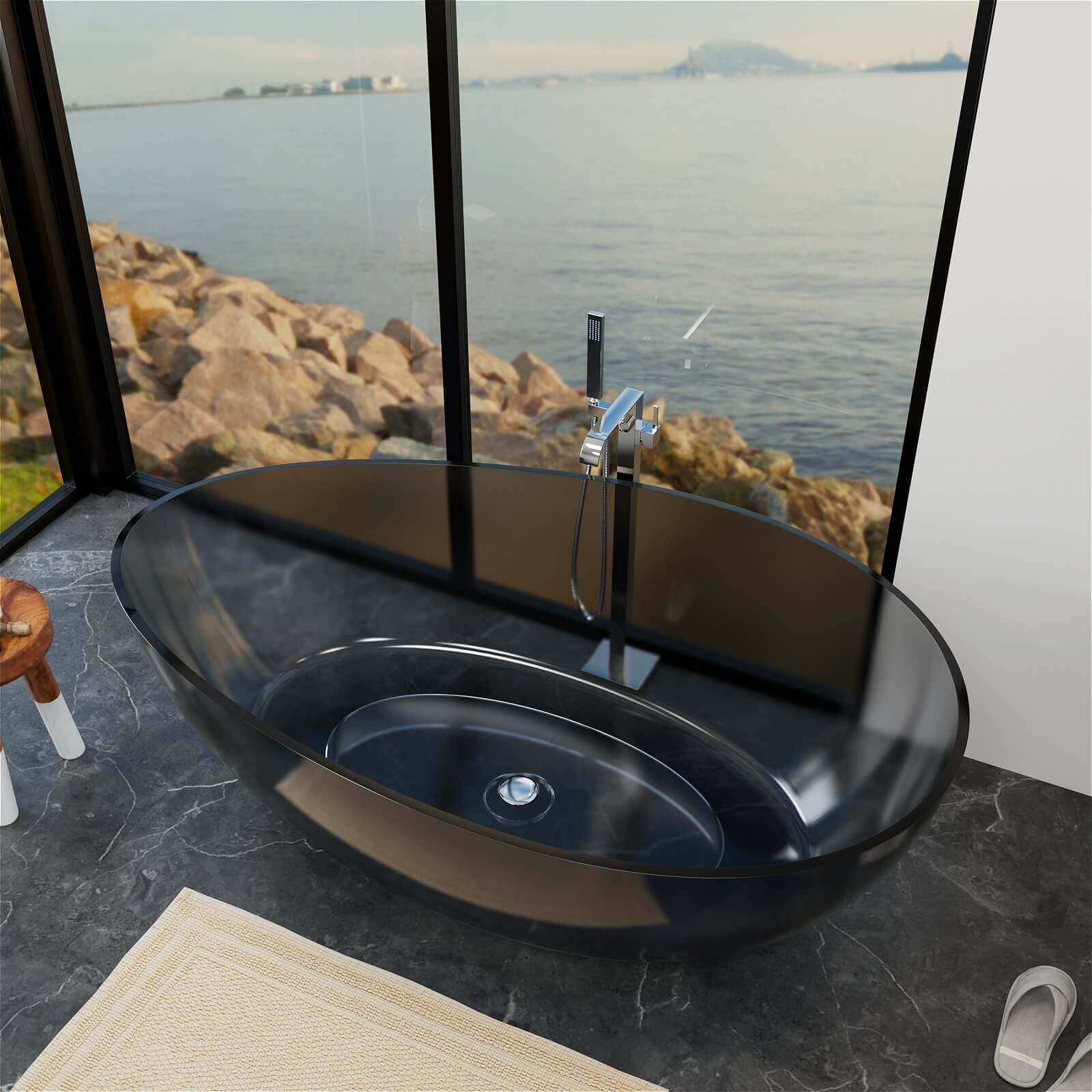 63" Freestanding Translucent Resin Bathtub, Wave Design Soaking Tub, Unique & Modern - Image 3
