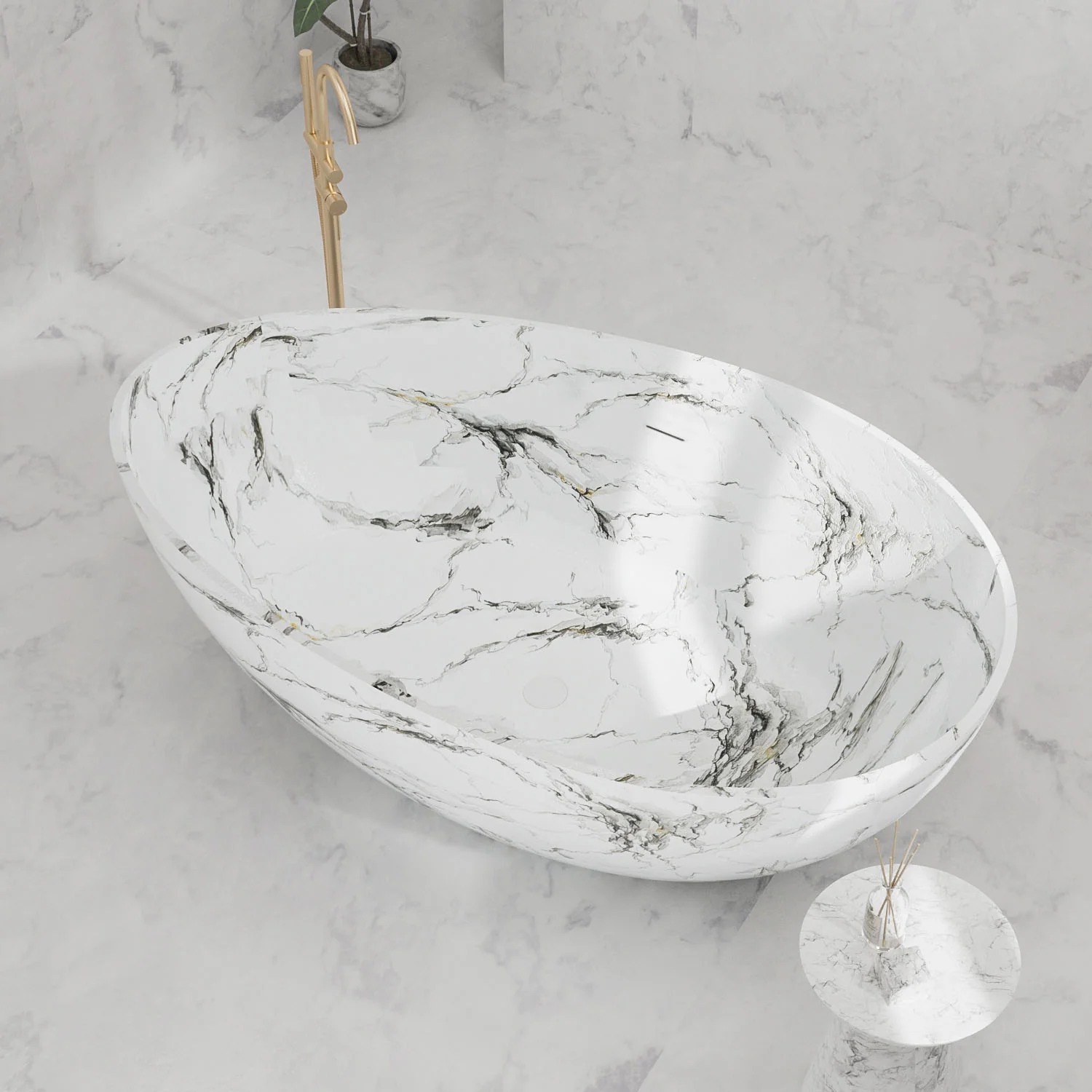 63" White Freestanding Bathtub with Marble Veining, Luxury Wave Design Stone Resin Soaking Tub - Image 2