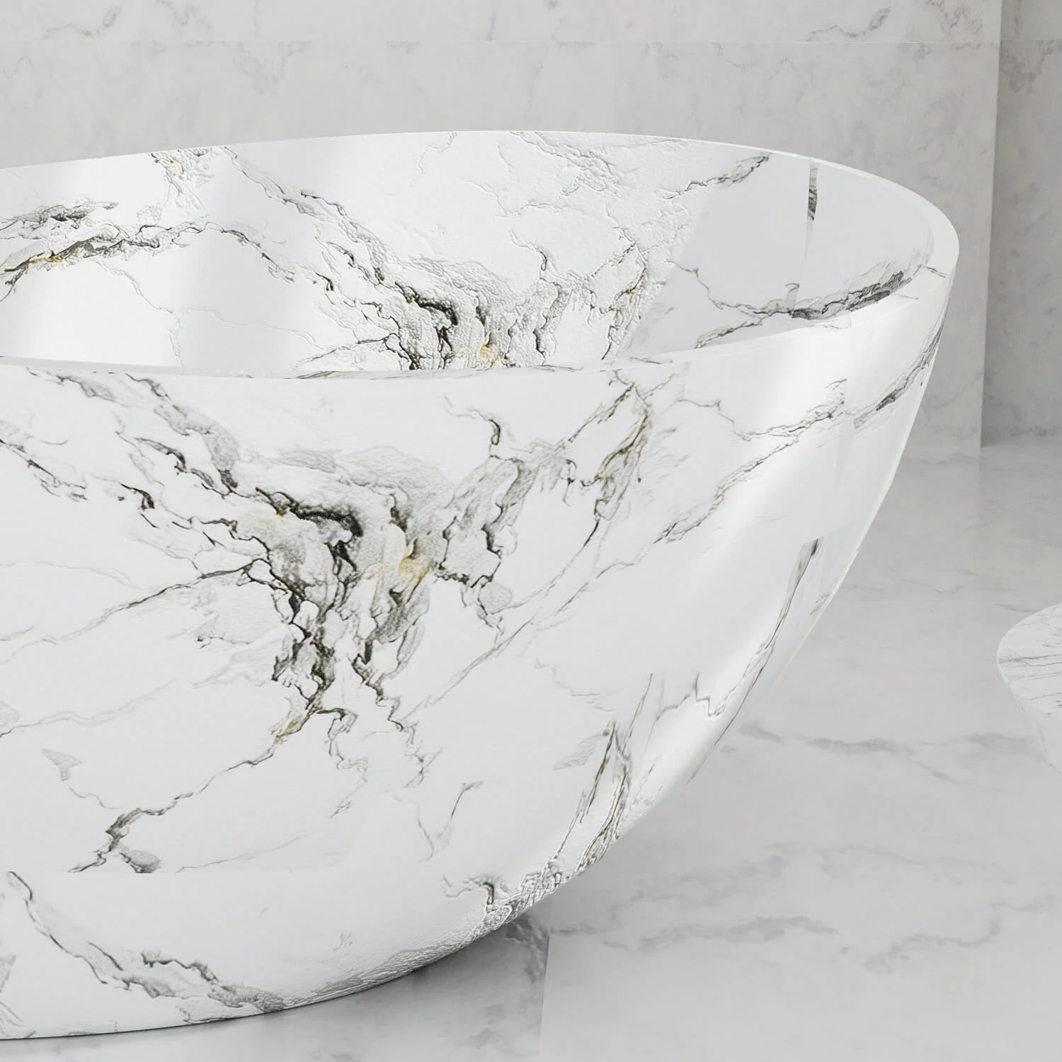 63" White Freestanding Bathtub with Marble Veining, Luxury Wave Design Stone Resin Soaking Tub - Image 3