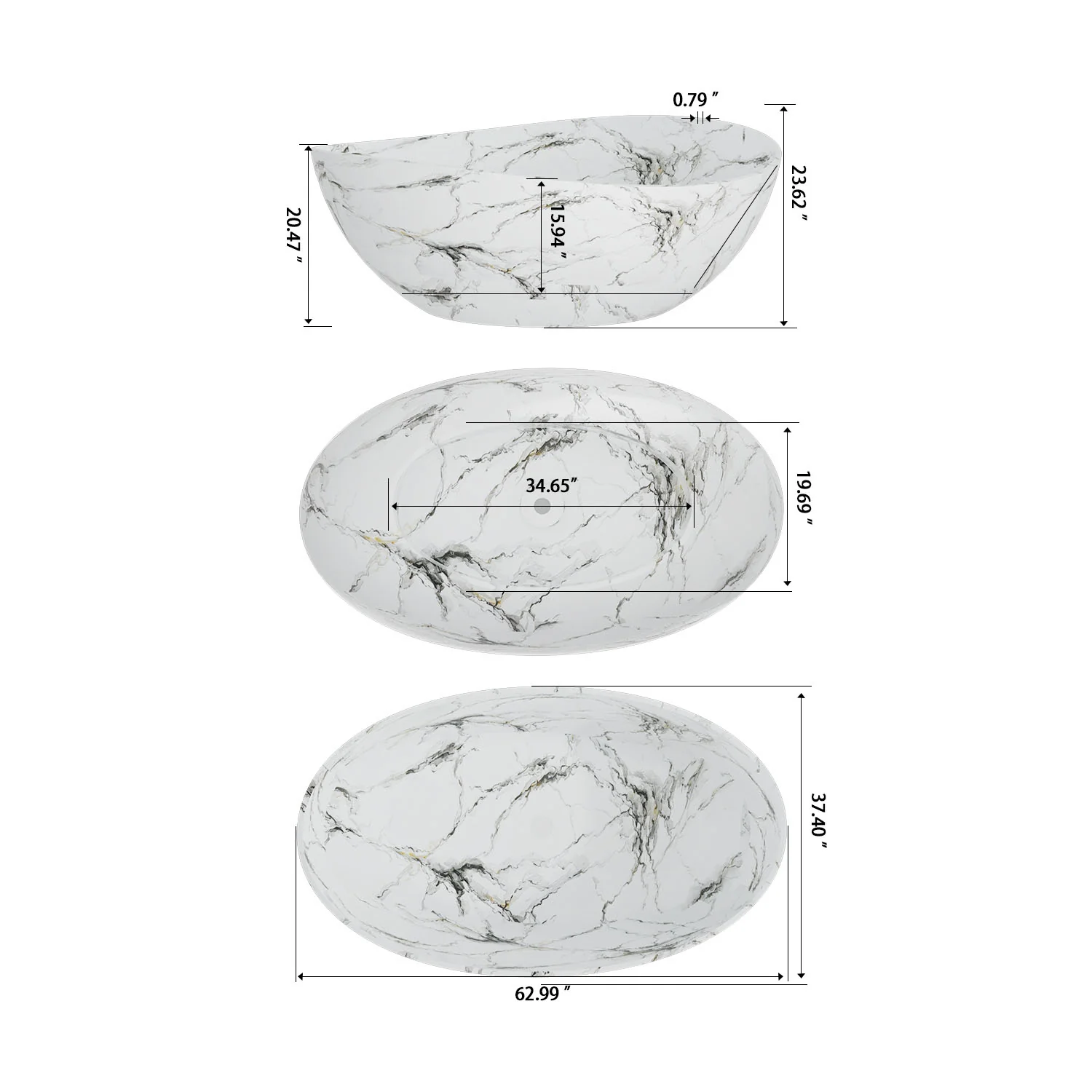 63" White Freestanding Bathtub with Marble Veining, Luxury Wave Design Stone Resin Soaking Tub - Image 5