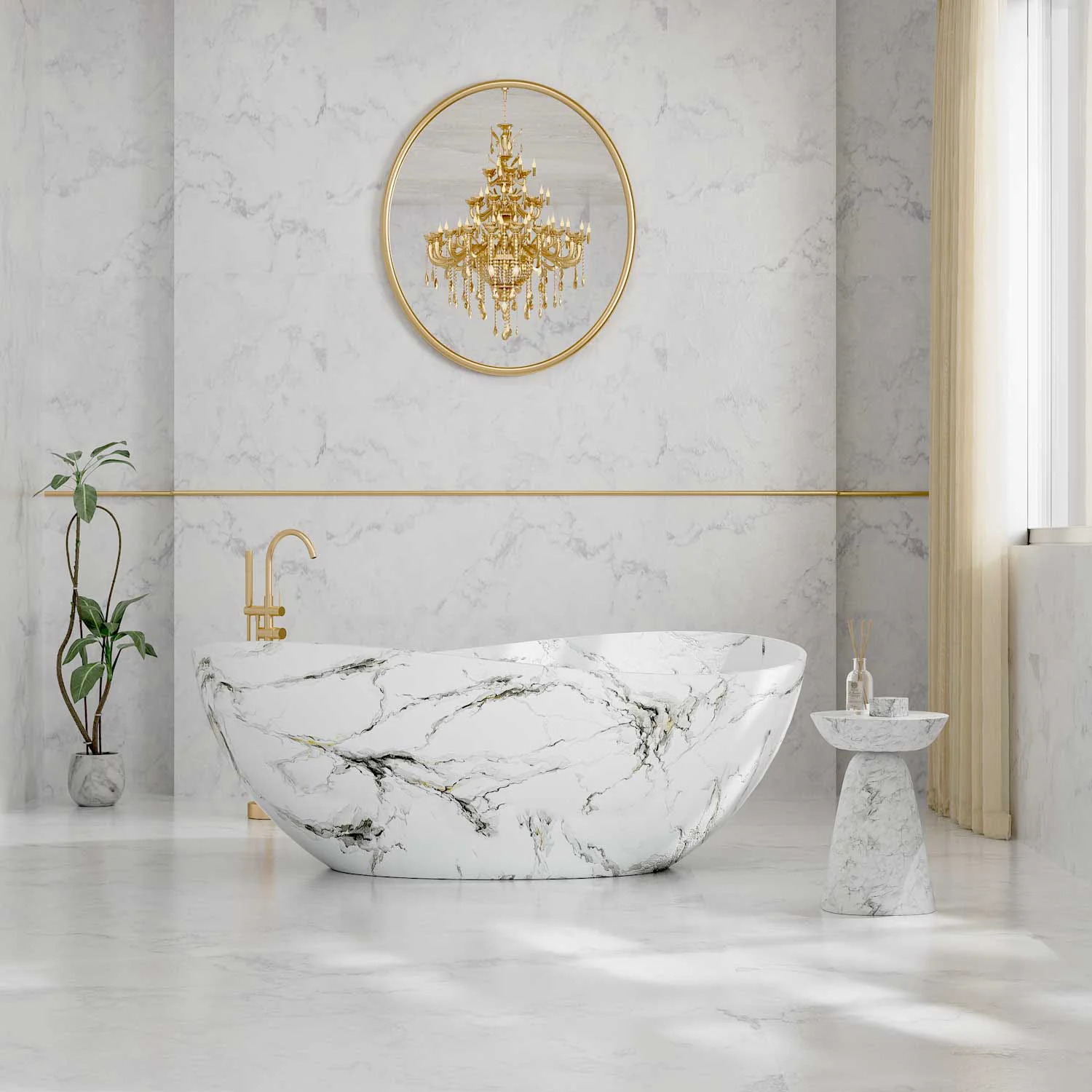 63" White Freestanding Bathtub with Marble Veining, Luxury Wave Design Stone Resin Soaking Tub - Image 6