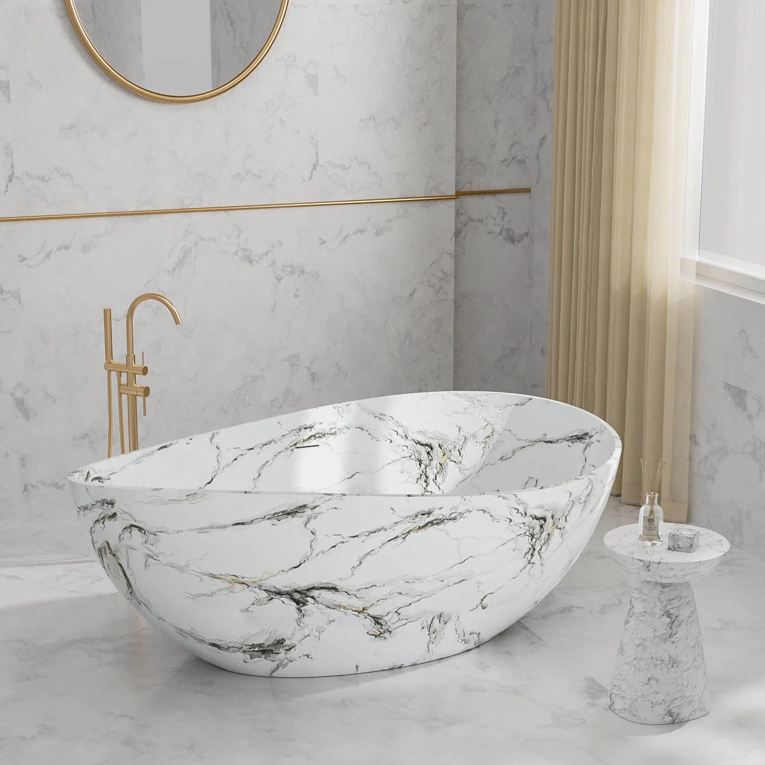 63" White Freestanding Bathtub with Marble Veining, Luxury Wave Design Stone Resin Soaking Tub - Image 7
