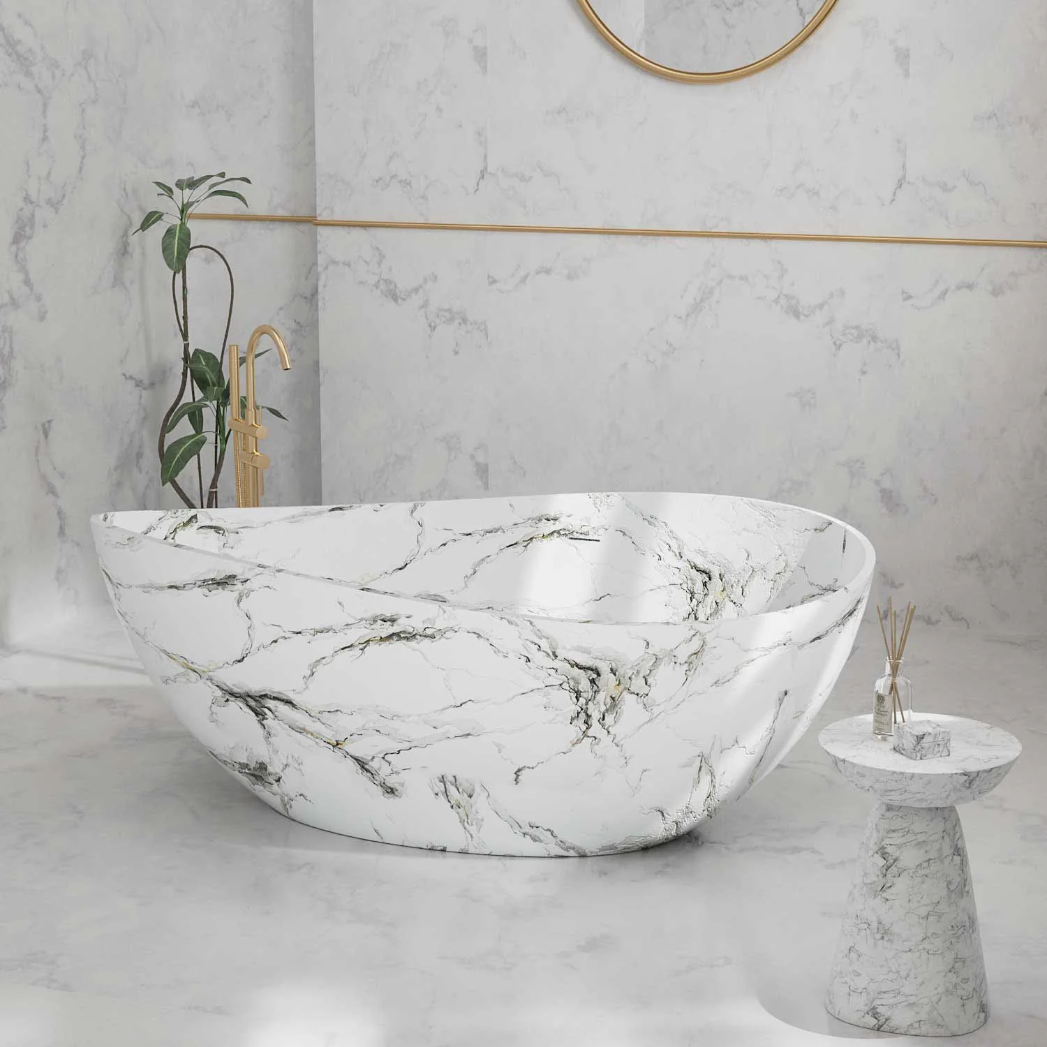 63" White Freestanding Bathtub with Marble Veining, Luxury Wave Design Stone Resin Soaking Tub - Image 8