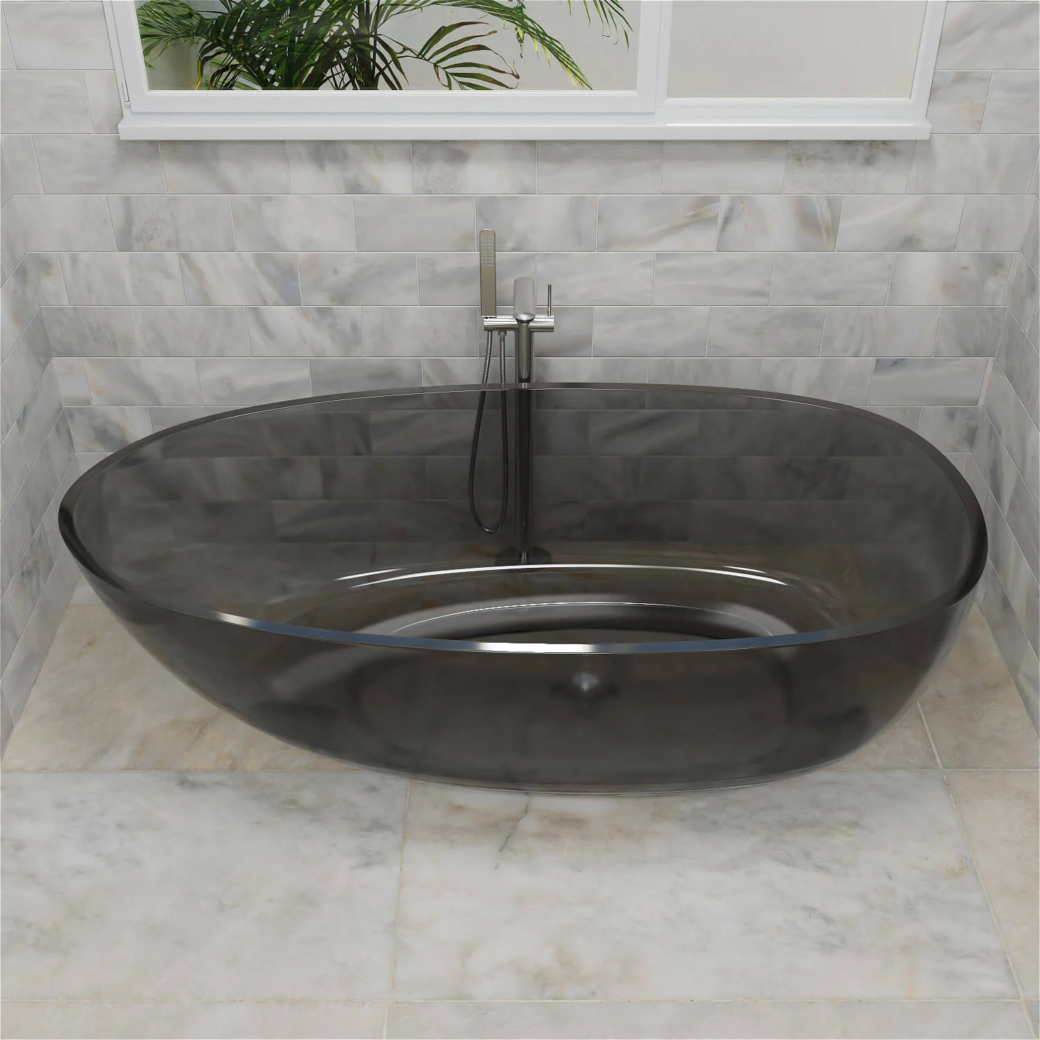 63" Modern Art Resin Tub, Gray Transparent Egg Shape Freestanding Soaking Bathtub for Hotels - Image 5