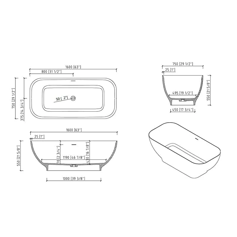 63'' Modern Freestanding Soaking Bathtub Solid Surface Stone Resin Rounded Rectangular - Image 6