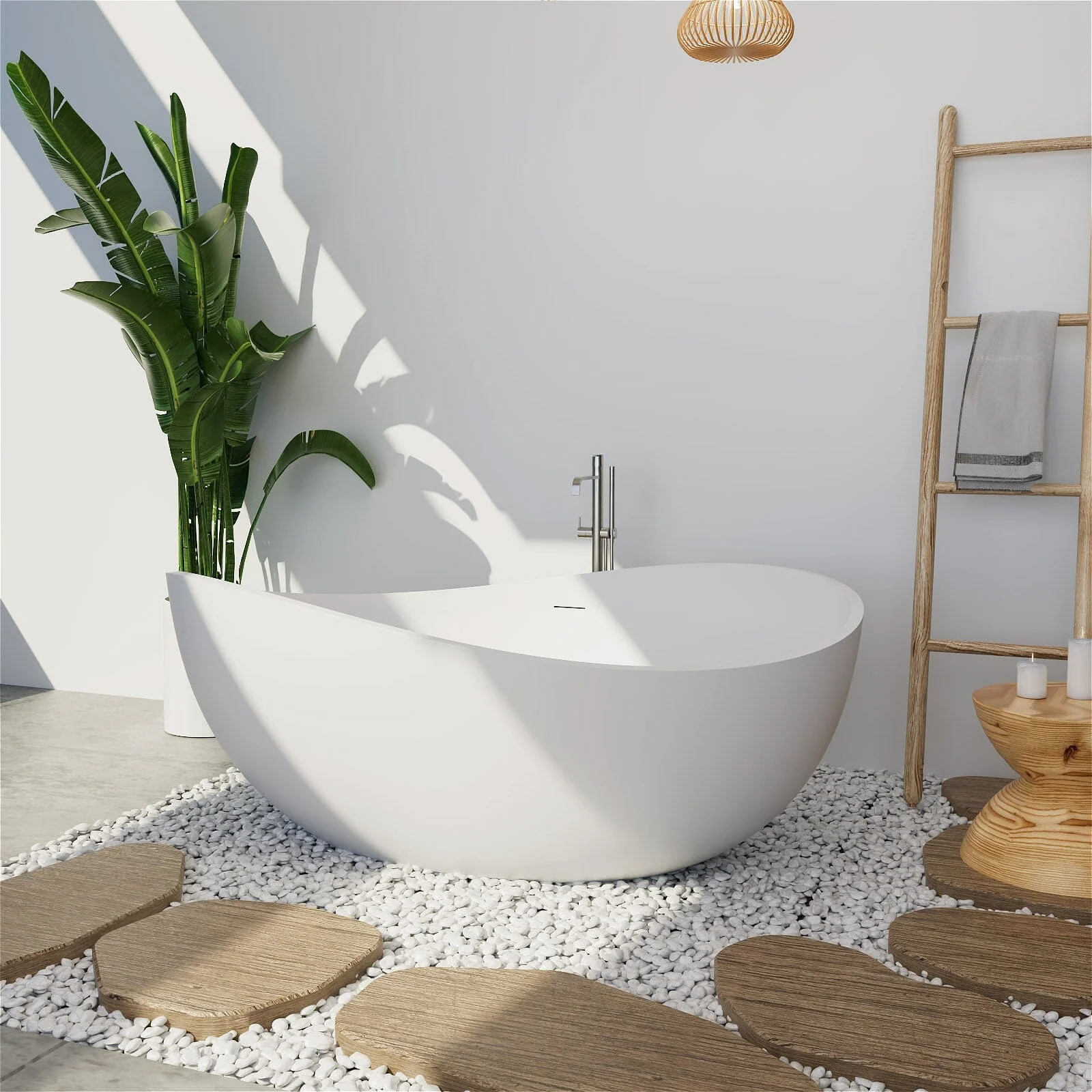 63'' Modern Wavy Curve Solid Surface Stone Resin Freestanding Soaking Bathtub - Image 5