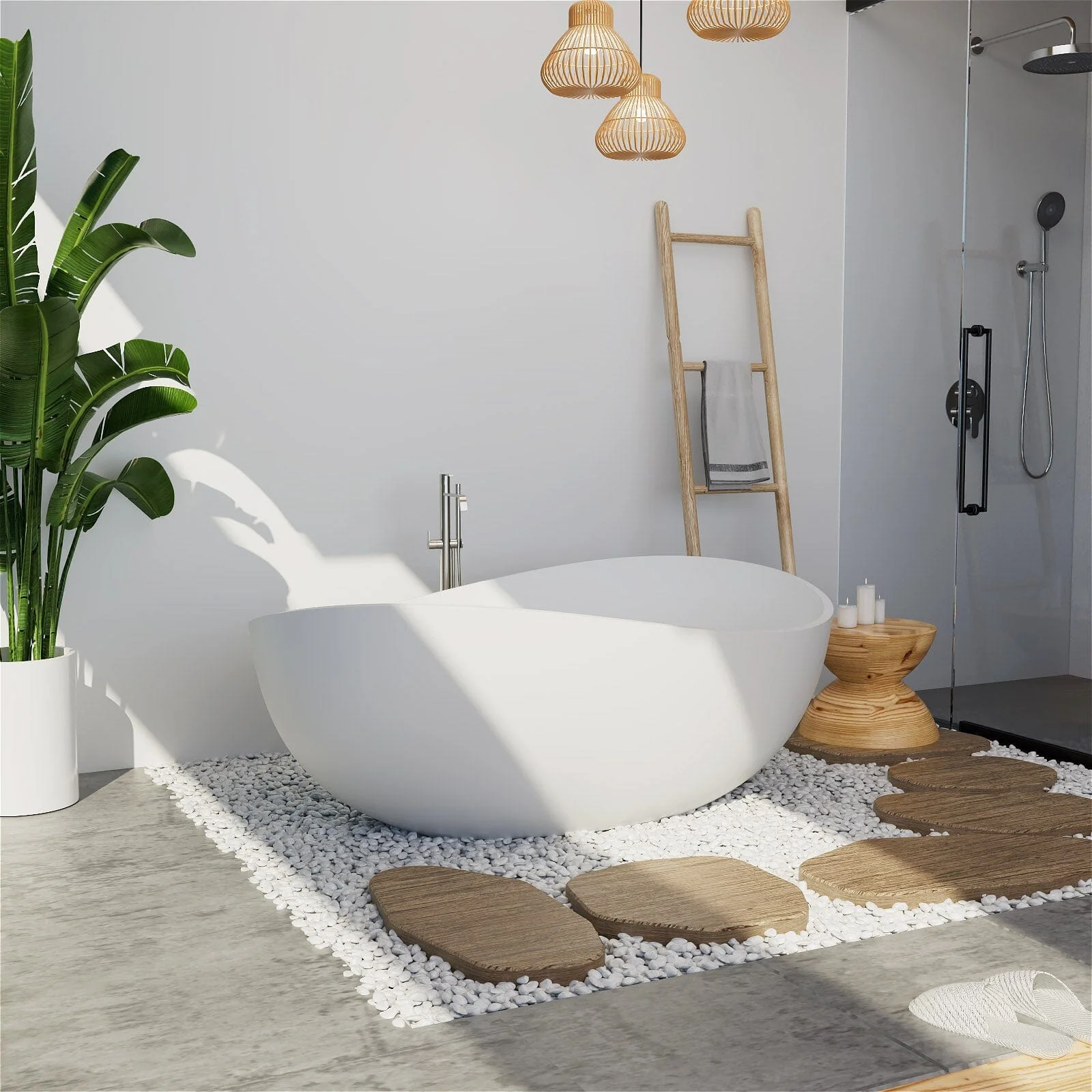 63'' Modern Wavy Curve Solid Surface Stone Resin Freestanding Soaking Bathtub - Image 6