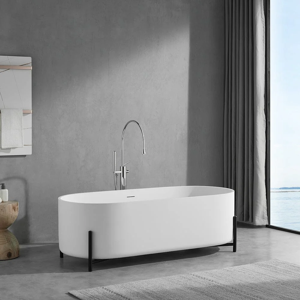63'' Solid Surface Stone Resin Bathtub Oval Shaped Freestanding Soaking Tub with Support Frame - Image 2