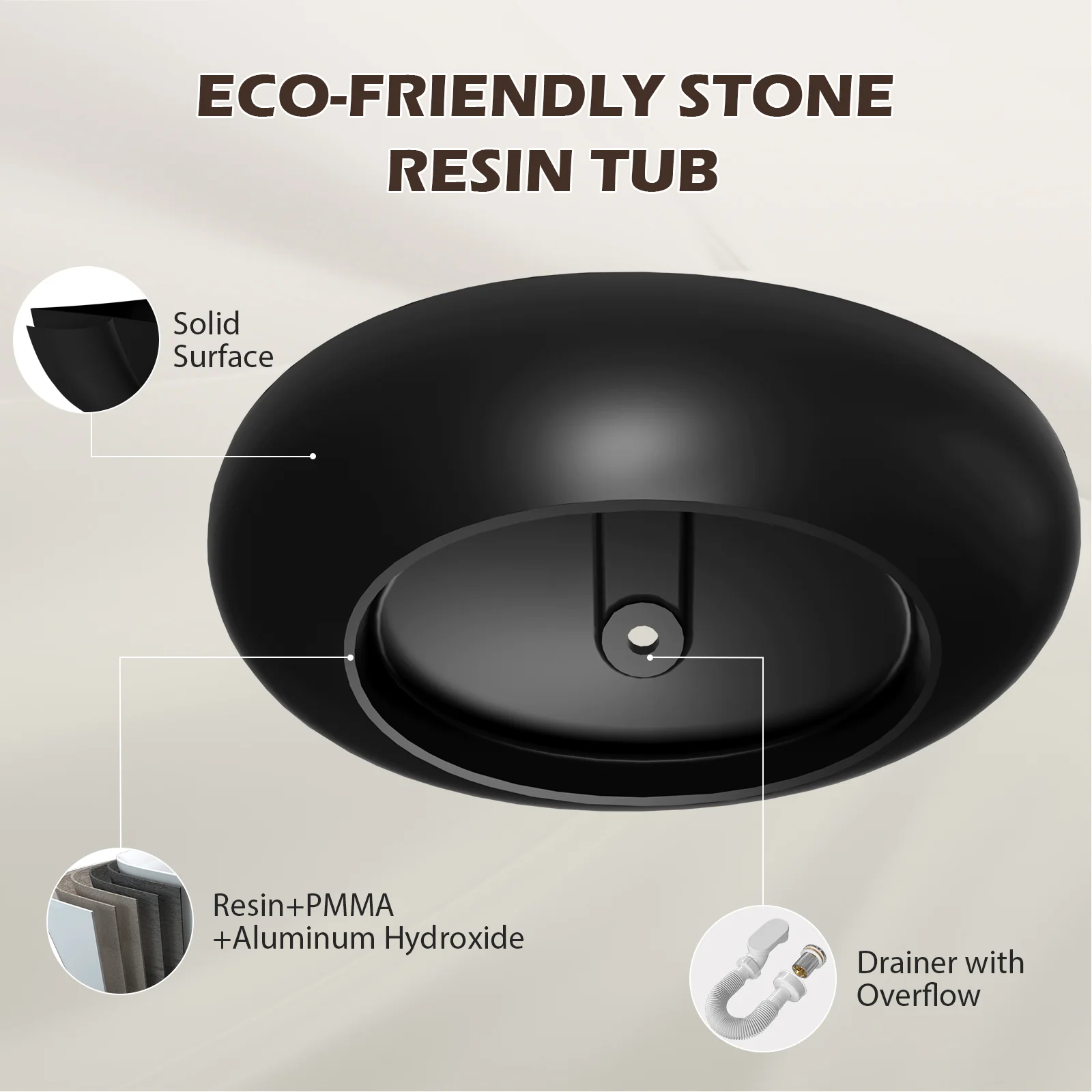 63" Wave Shaped Freestanding Stone Resin Soaking Bathtub - Image 10