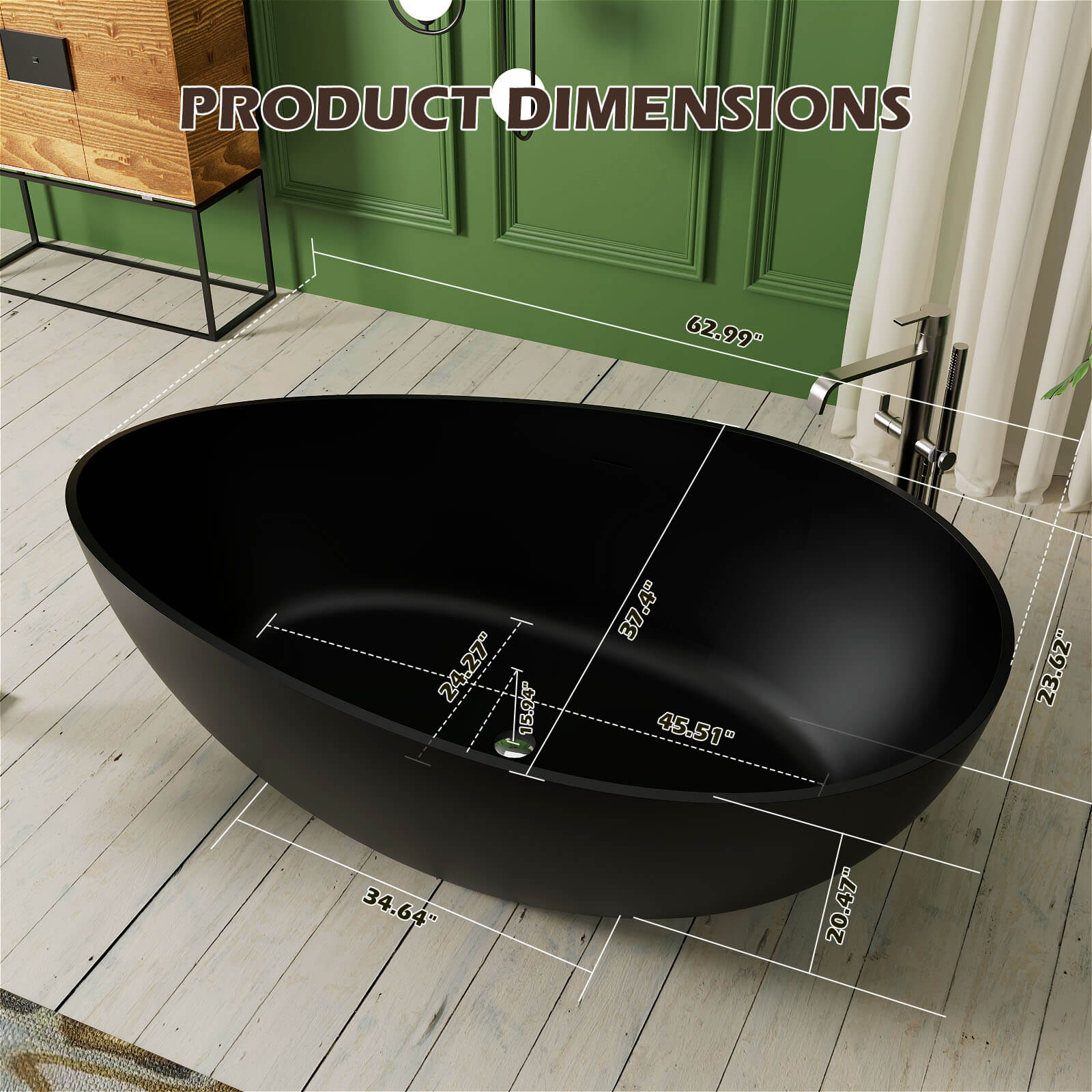 63" Wave Shaped Freestanding Stone Resin Soaking Bathtub - Image 11