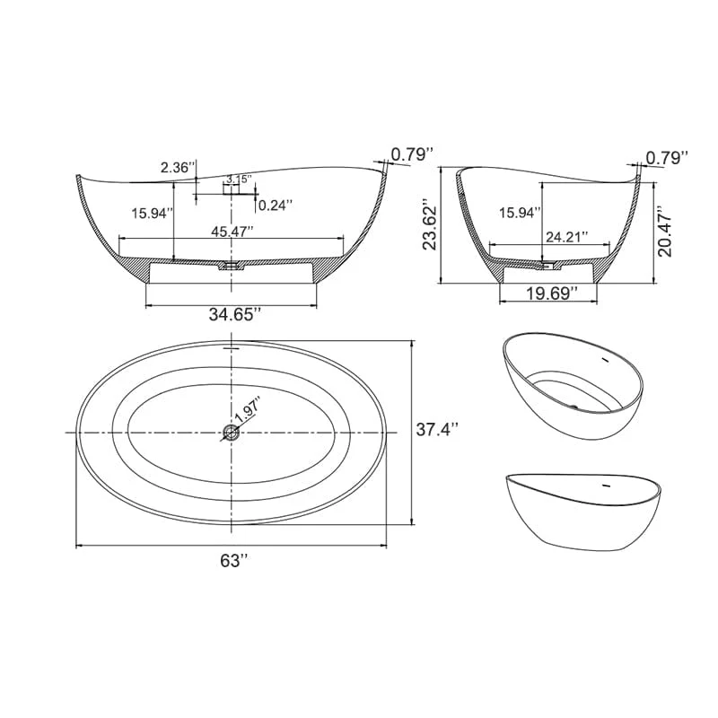 63" Wave Shaped Freestanding Stone Resin Soaking Bathtub - Image 13