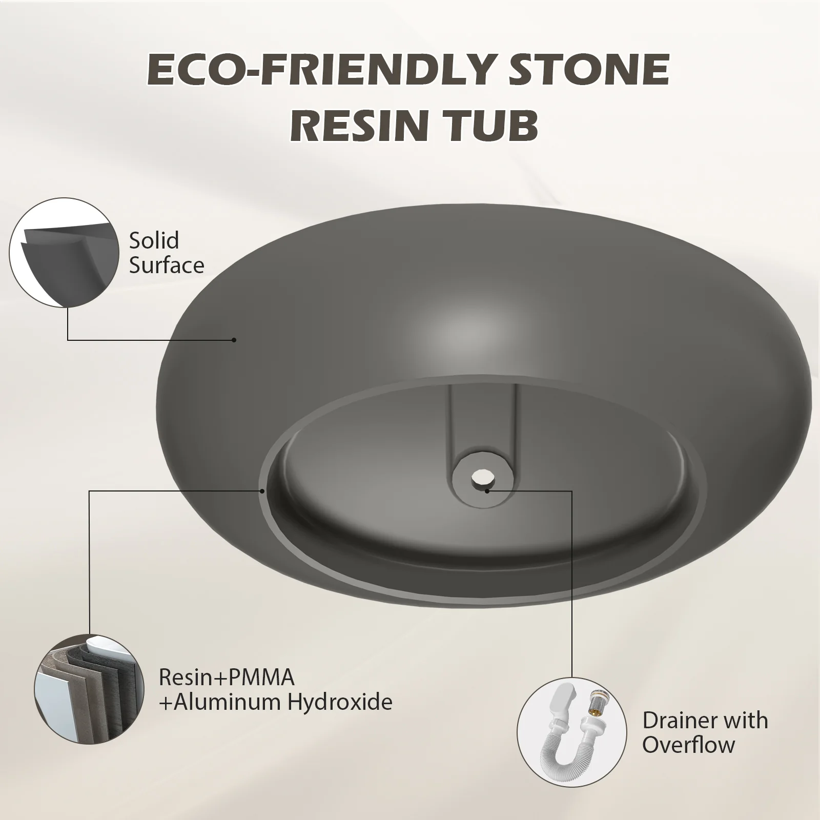 63" Wave Shaped Freestanding Stone Resin Soaking Bathtub - Image 23