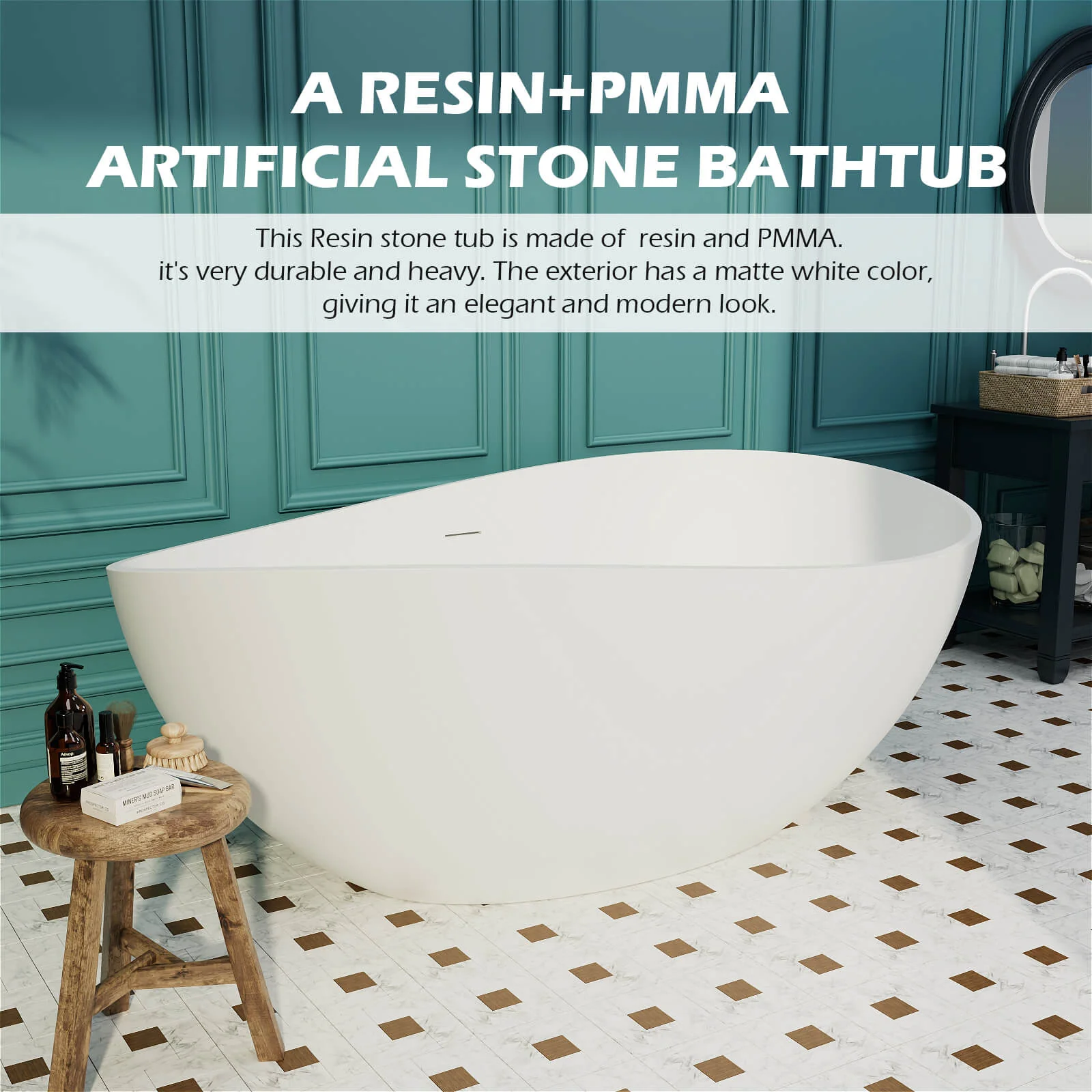 63" Wave Shaped Freestanding Stone Resin Soaking Bathtub - Image 30