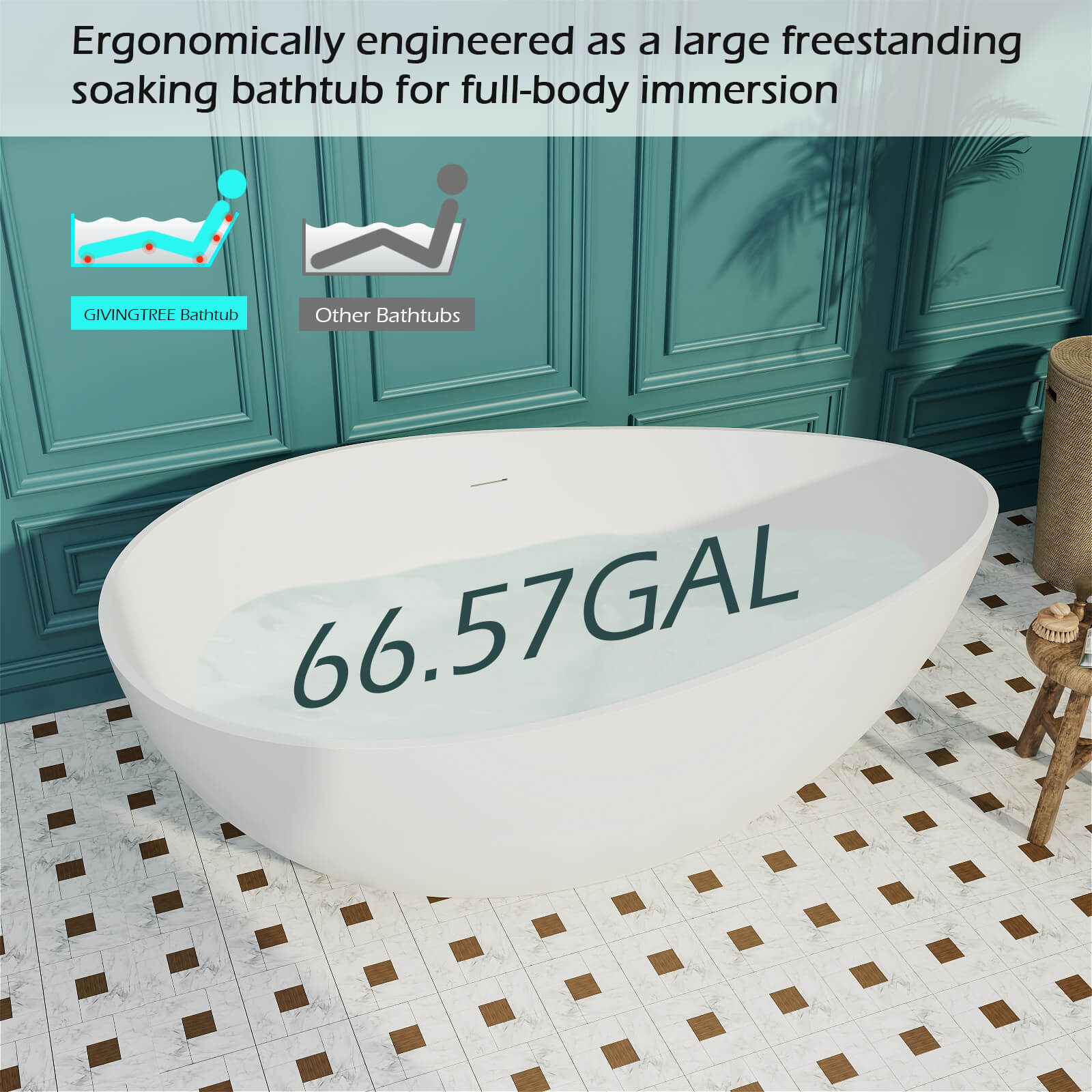 63" Wave Shaped Freestanding Stone Resin Soaking Bathtub - Image 32