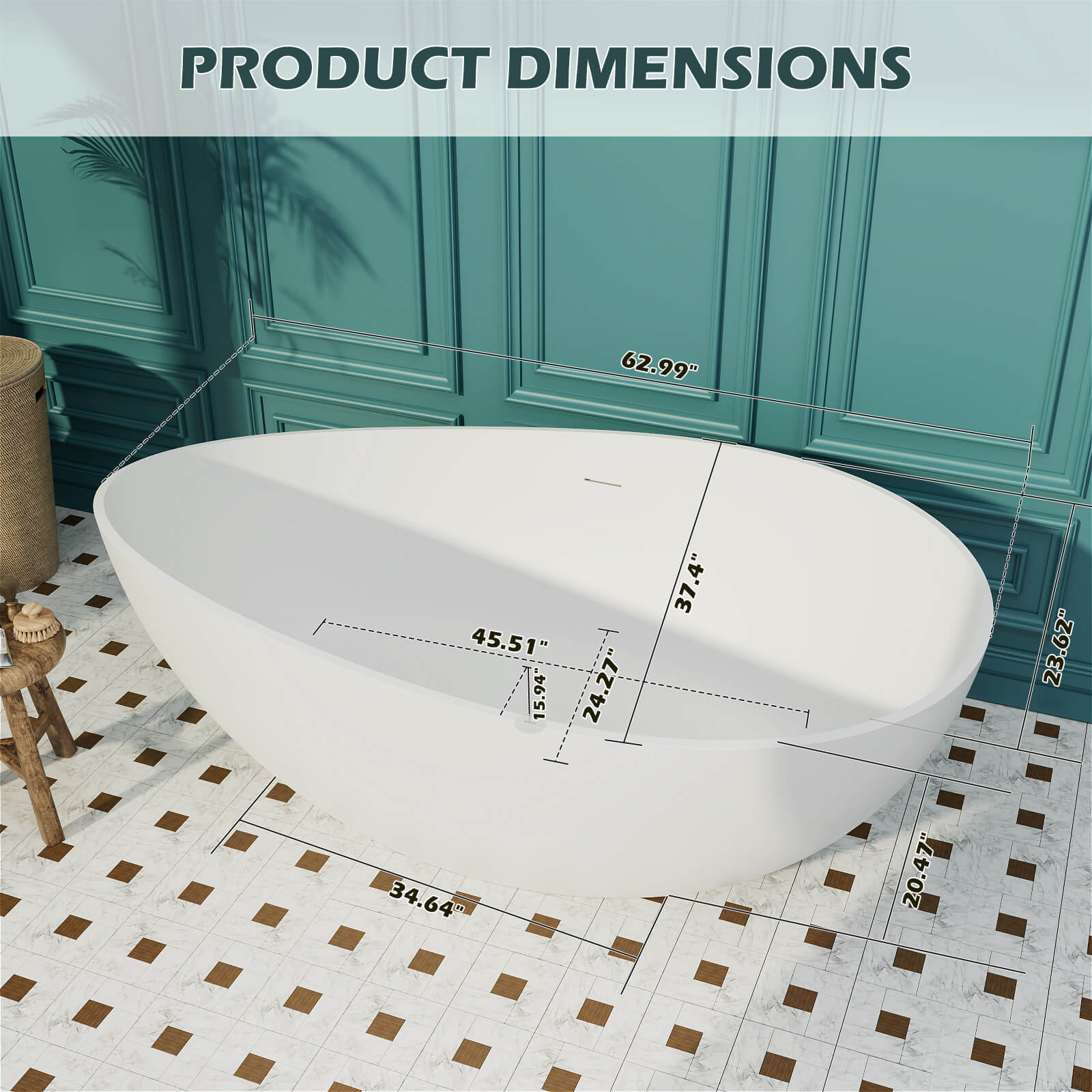 63" Wave Shaped Freestanding Stone Resin Soaking Bathtub - Image 33