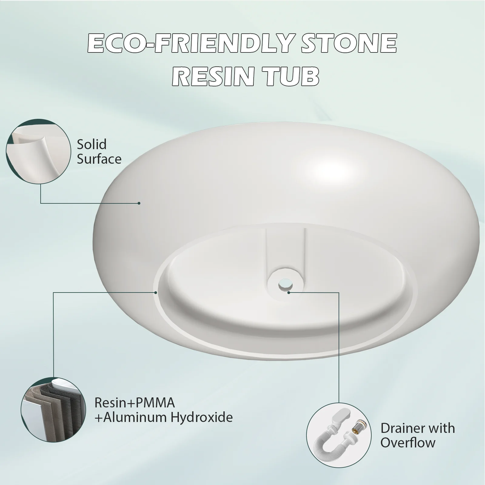 63" Wave Shaped Freestanding Stone Resin Soaking Bathtub - Image 34