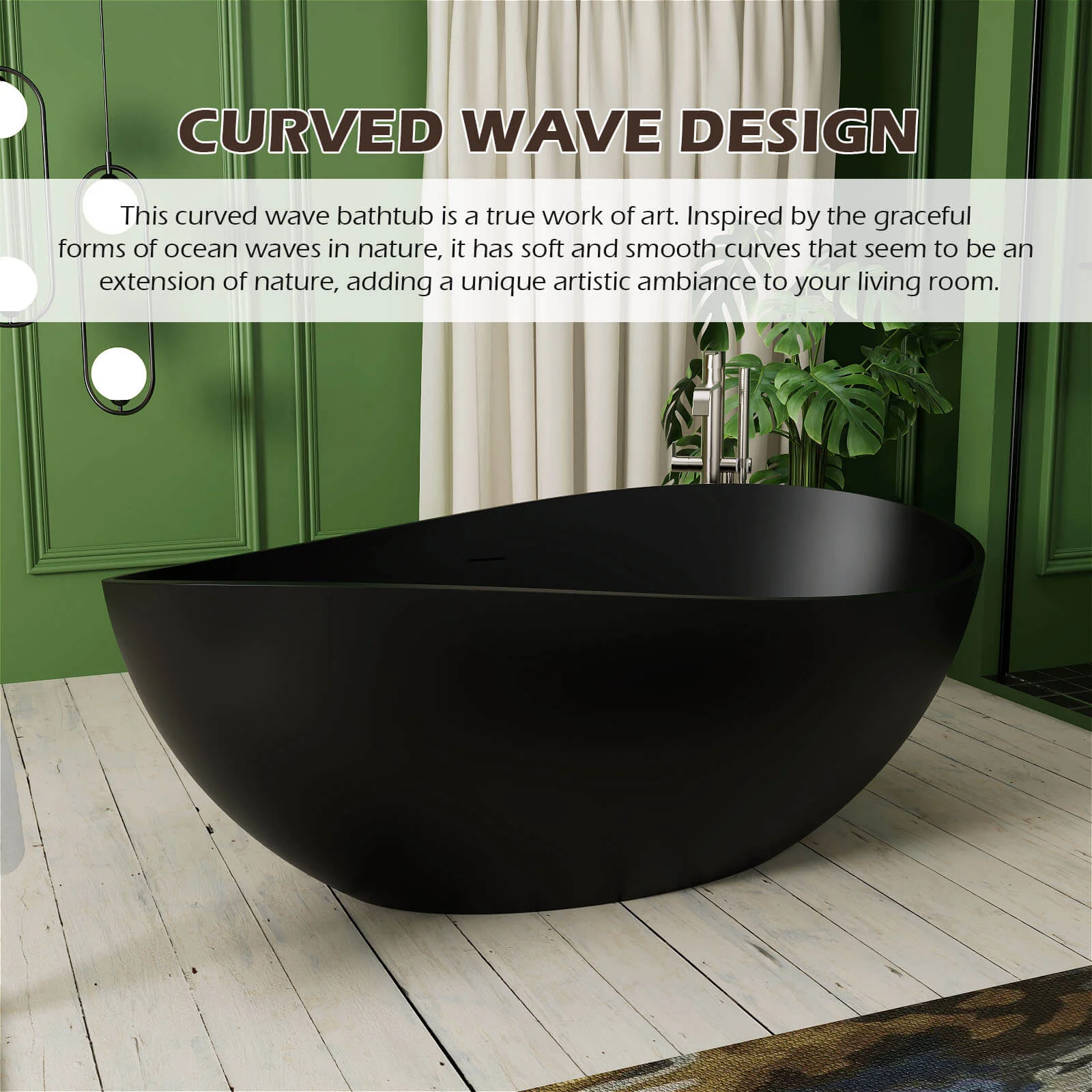 63" Wave Shaped Freestanding Stone Resin Soaking Bathtub - Image 6