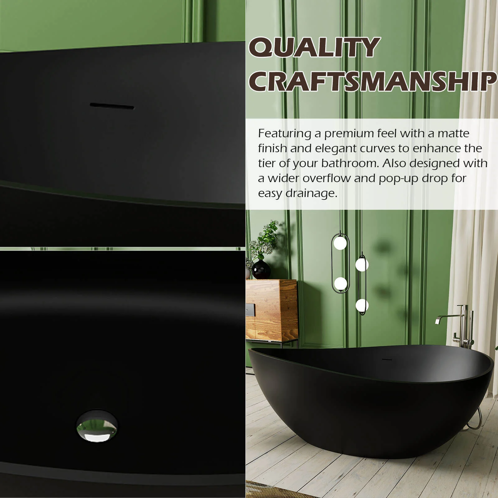 63" Wave Shaped Freestanding Stone Resin Soaking Bathtub - Image 7