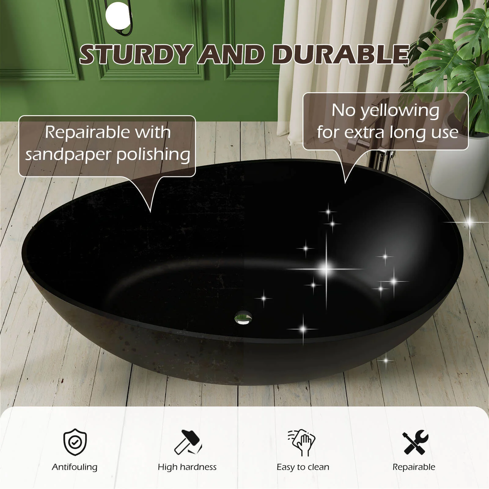 63" Wave Shaped Freestanding Stone Resin Soaking Bathtub - Image 9
