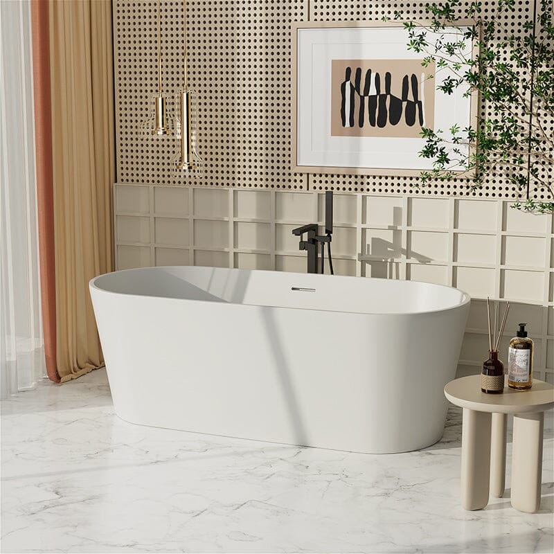63" Solid Surface Stone Resin Oval-shaped Matte White Freestanding Soaking Bathtub with Overflow - Image 12