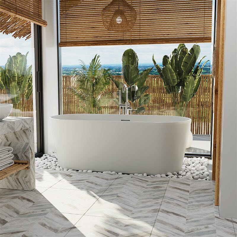 63" Solid Surface Stone Resin Oval-shaped Matte White Freestanding Soaking Bathtub with Overflow - Image 13