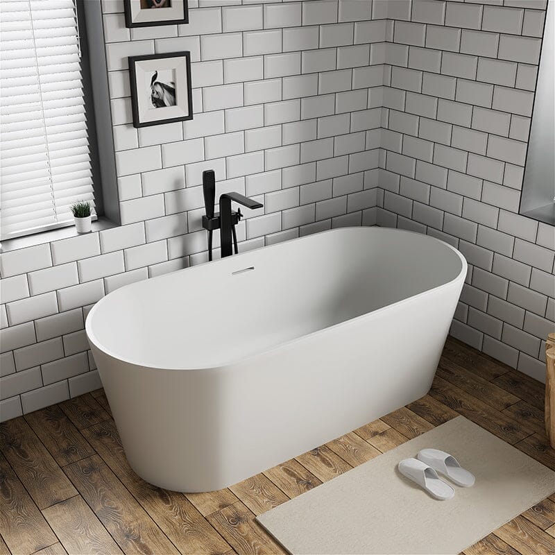 63" Solid Surface Stone Resin Oval-shaped Matte White Freestanding Soaking Bathtub with Overflow - Image 14