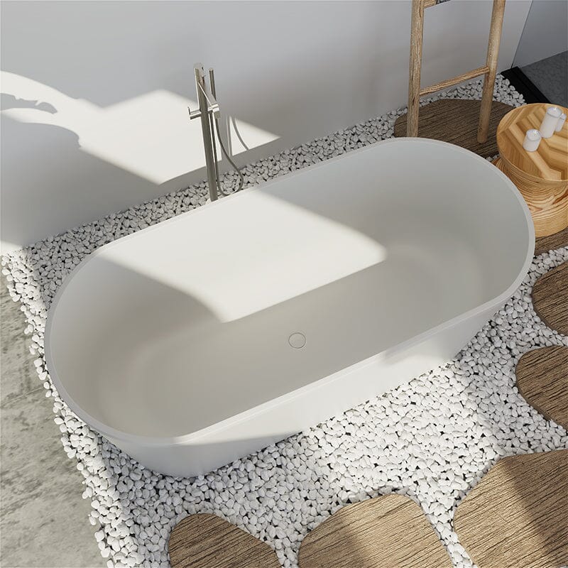63" Solid Surface Stone Resin Oval-shaped Matte White Freestanding Soaking Bathtub with Overflow - Image 15