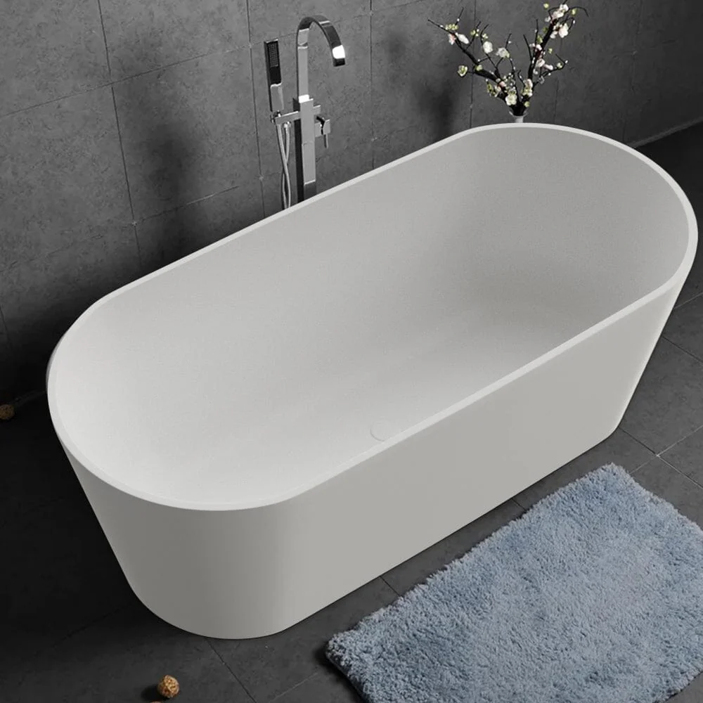 63" Solid Surface Stone Resin Oval-shaped Matte White Freestanding Soaking Bathtub with Overflow - Image 17