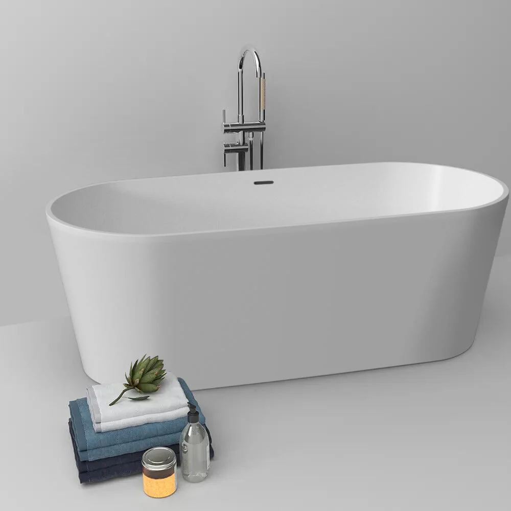 63" Solid Surface Stone Resin Oval-shaped Matte White Freestanding Soaking Bathtub with Overflow - Image 18