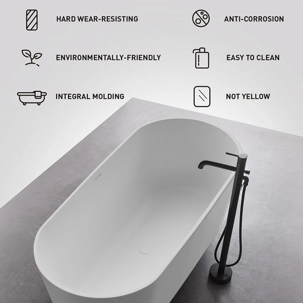63" Solid Surface Stone Resin Oval-shaped Matte White Freestanding Soaking Bathtub with Overflow - Image 19
